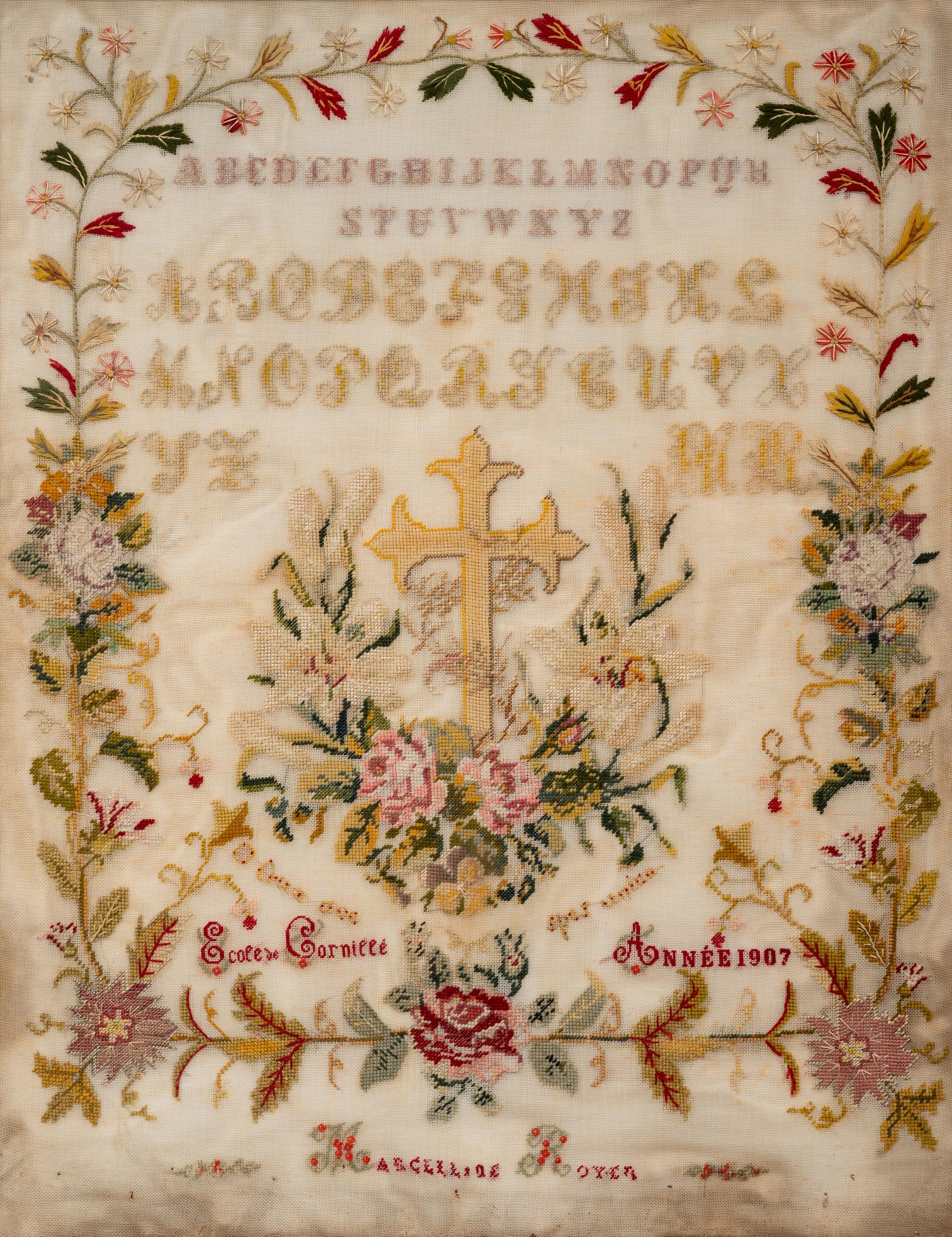 A French Needlework Embroidered Floral Panel