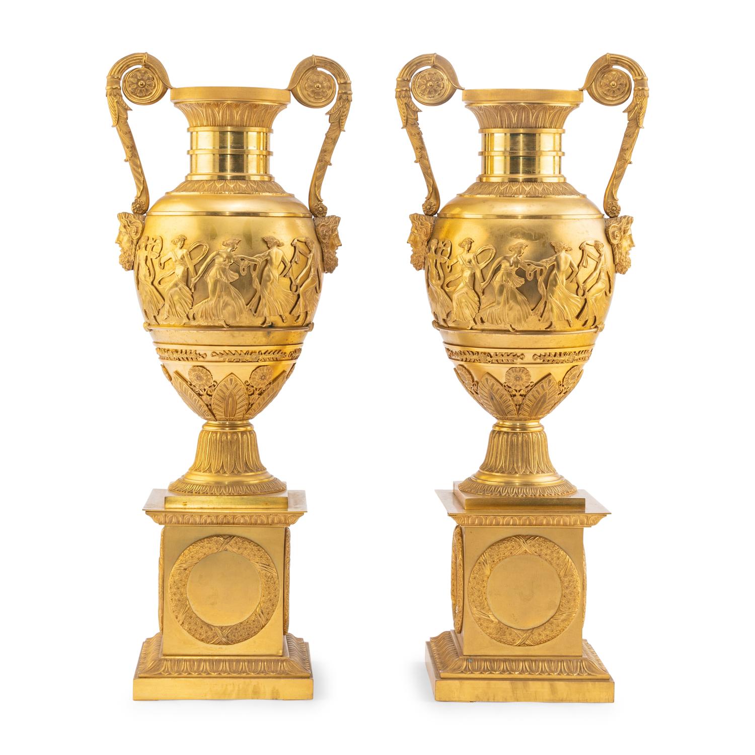 A Pair of French Gilt Bronze Urns