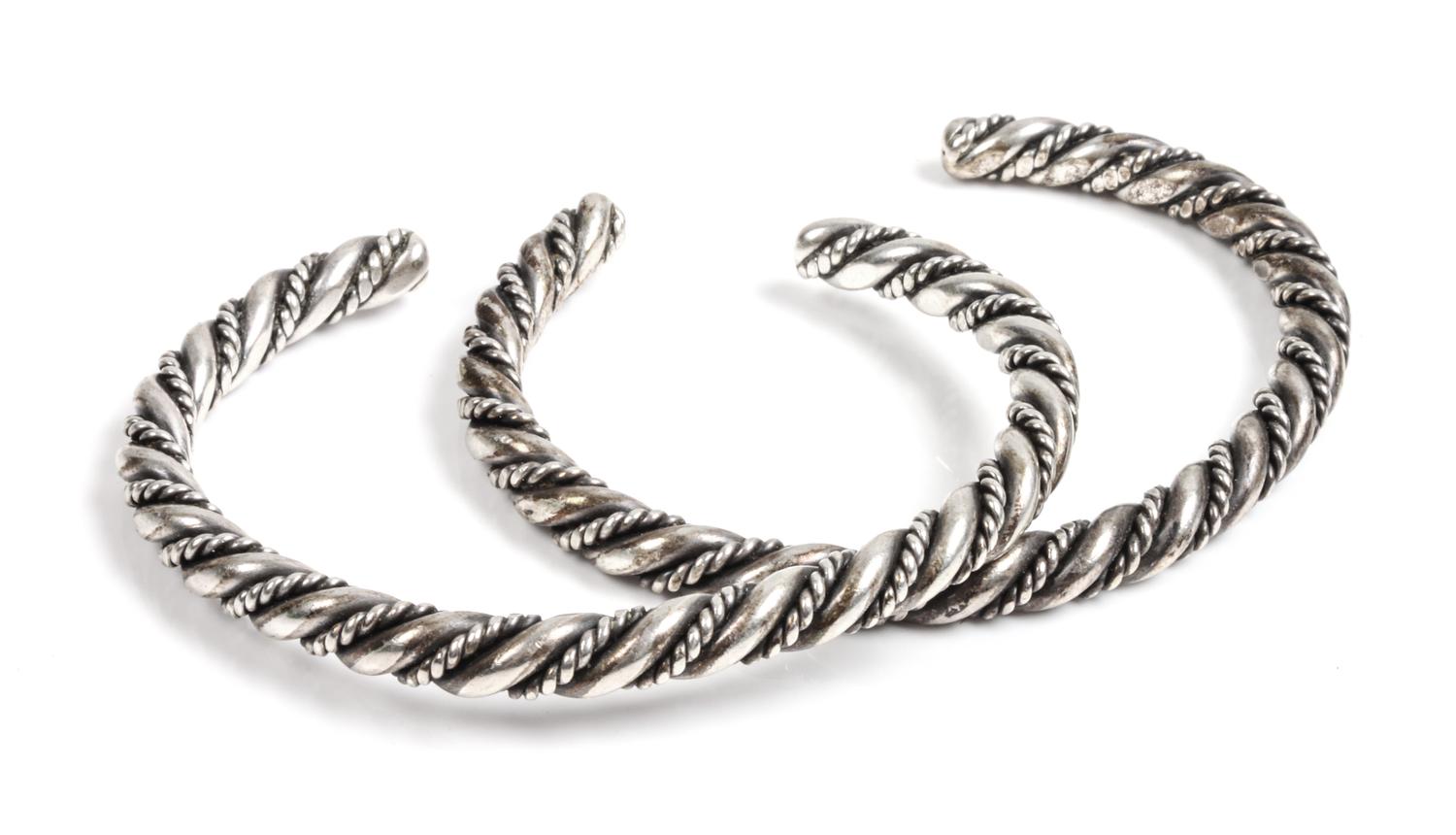 Two Silver Twisted Guard Bracelets Length 5 1/8 x opening 1 inches