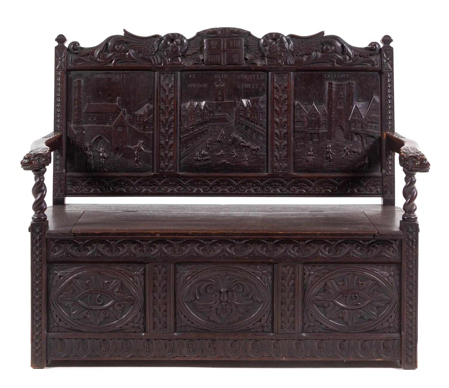 An English Oak Settle Height 44 1/2 x width 50 x depth 23 inches. — CIRCA 1900