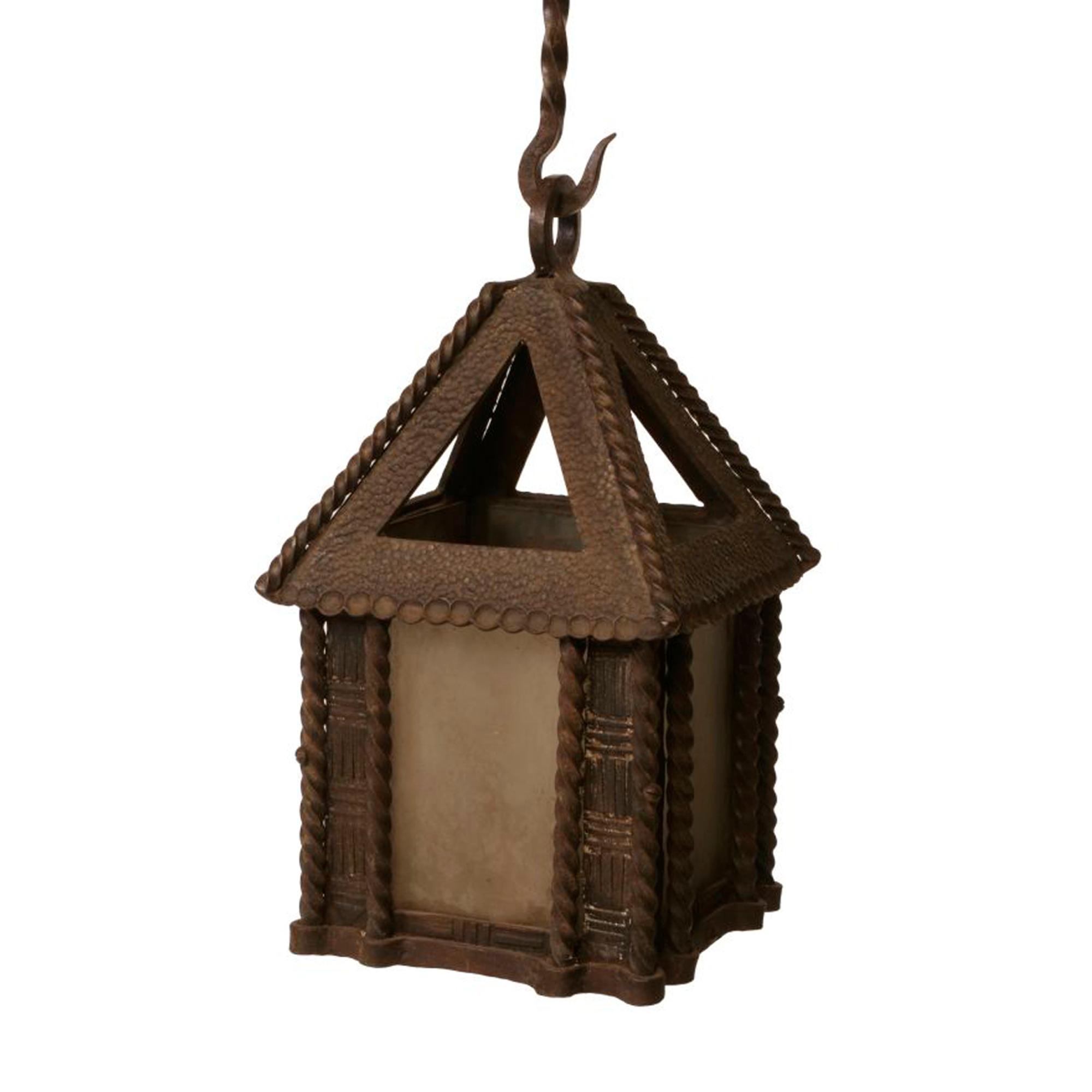 A Pair of French Fer Forge Lanterns and Brackets 61.5" W x 9" D x 32"H — France, Circa 1920