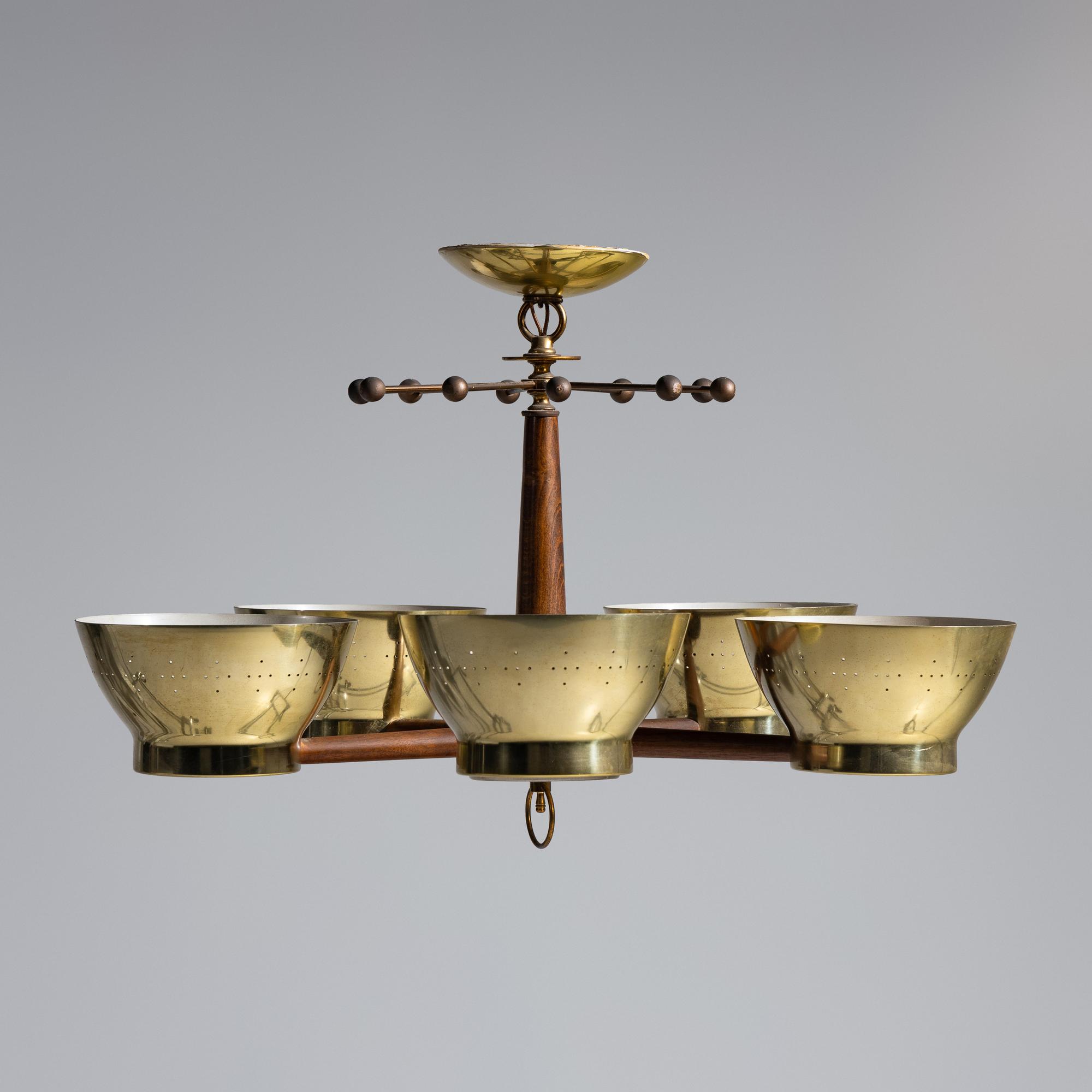 Group of Four Brass Modernist Five-Light Chandeliers