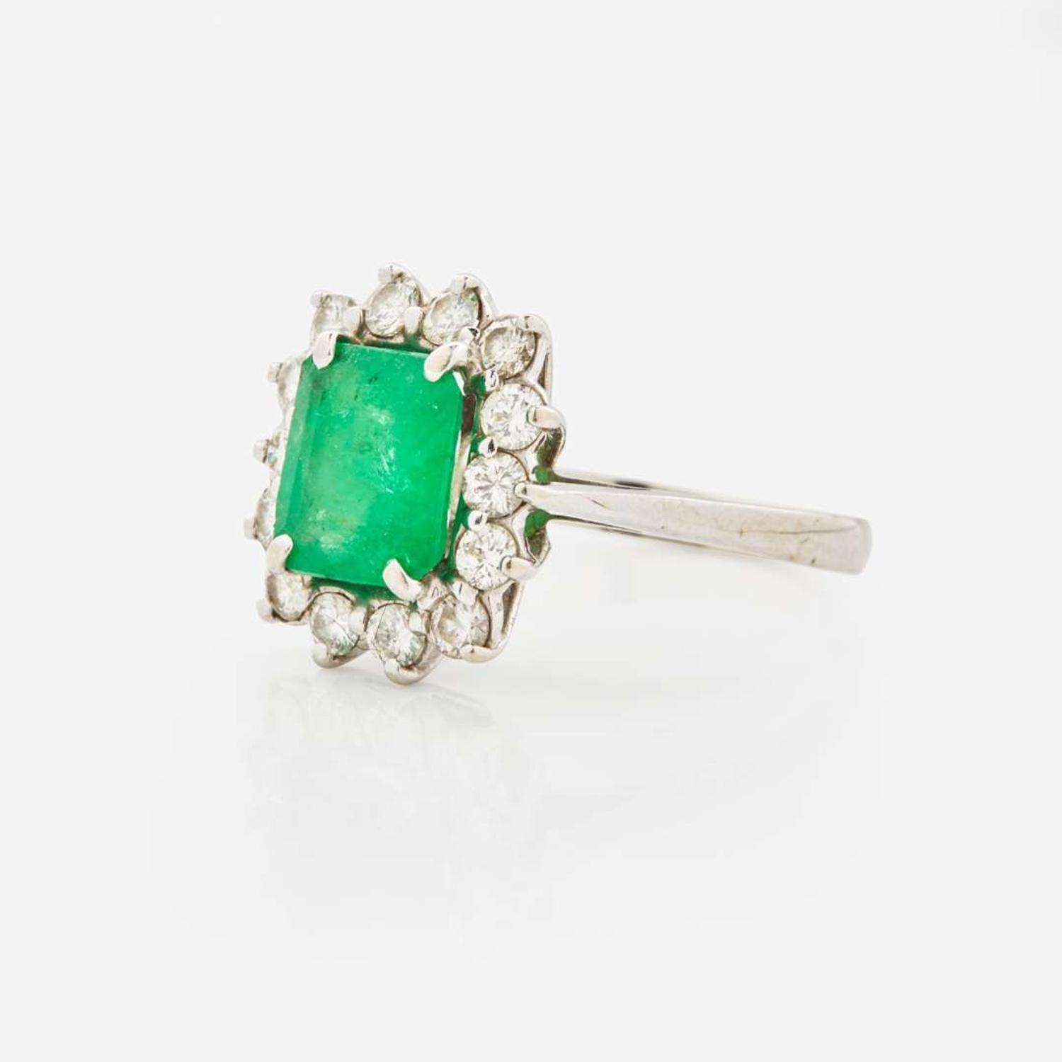 A 14K White Gold, Emerald, and Diamond Ring