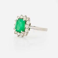 A 14K White Gold, Emerald, and Diamond Ring