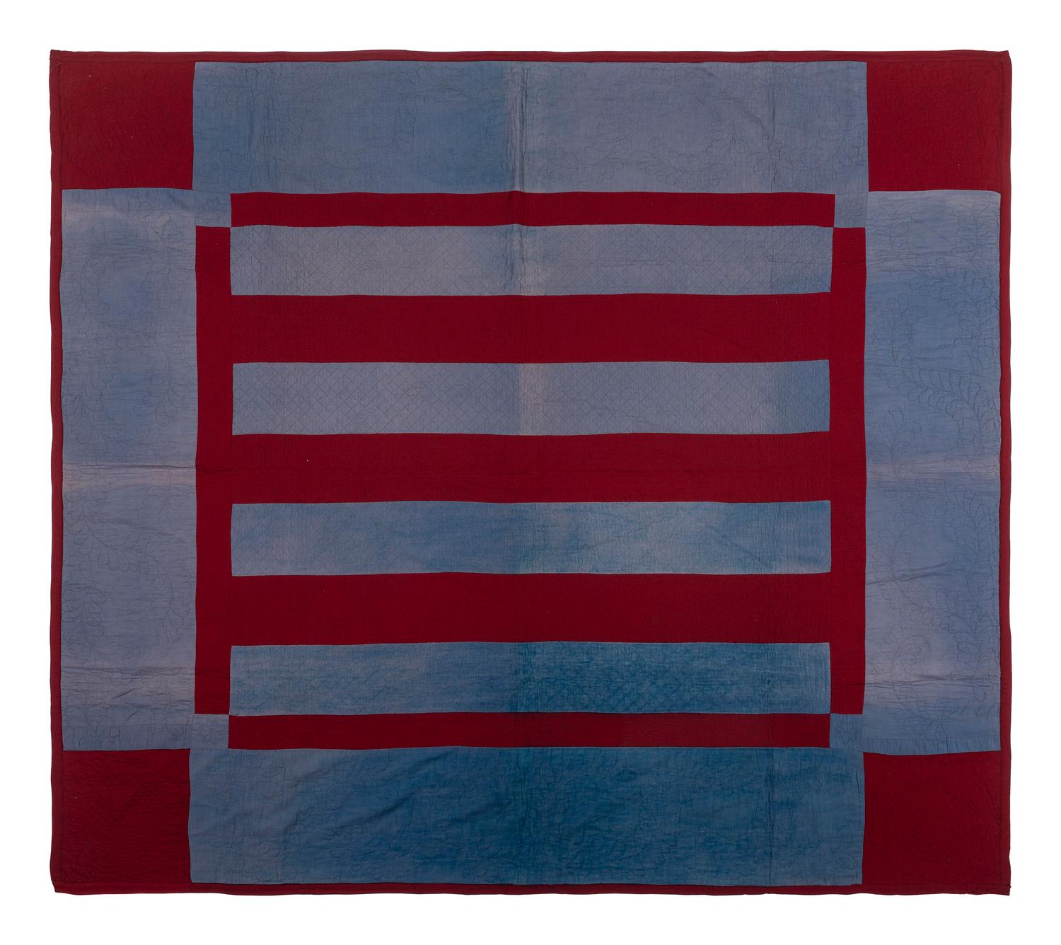 An Amish Gray and Maroon Bars Pattern Wool and Flannel Quilt