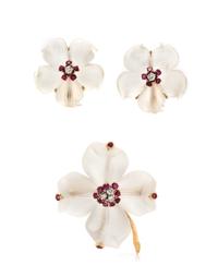 A Yellow Gold, Rock Crystal, Ruby and Diamond Floral Demi Parure, 17.30 dwts.