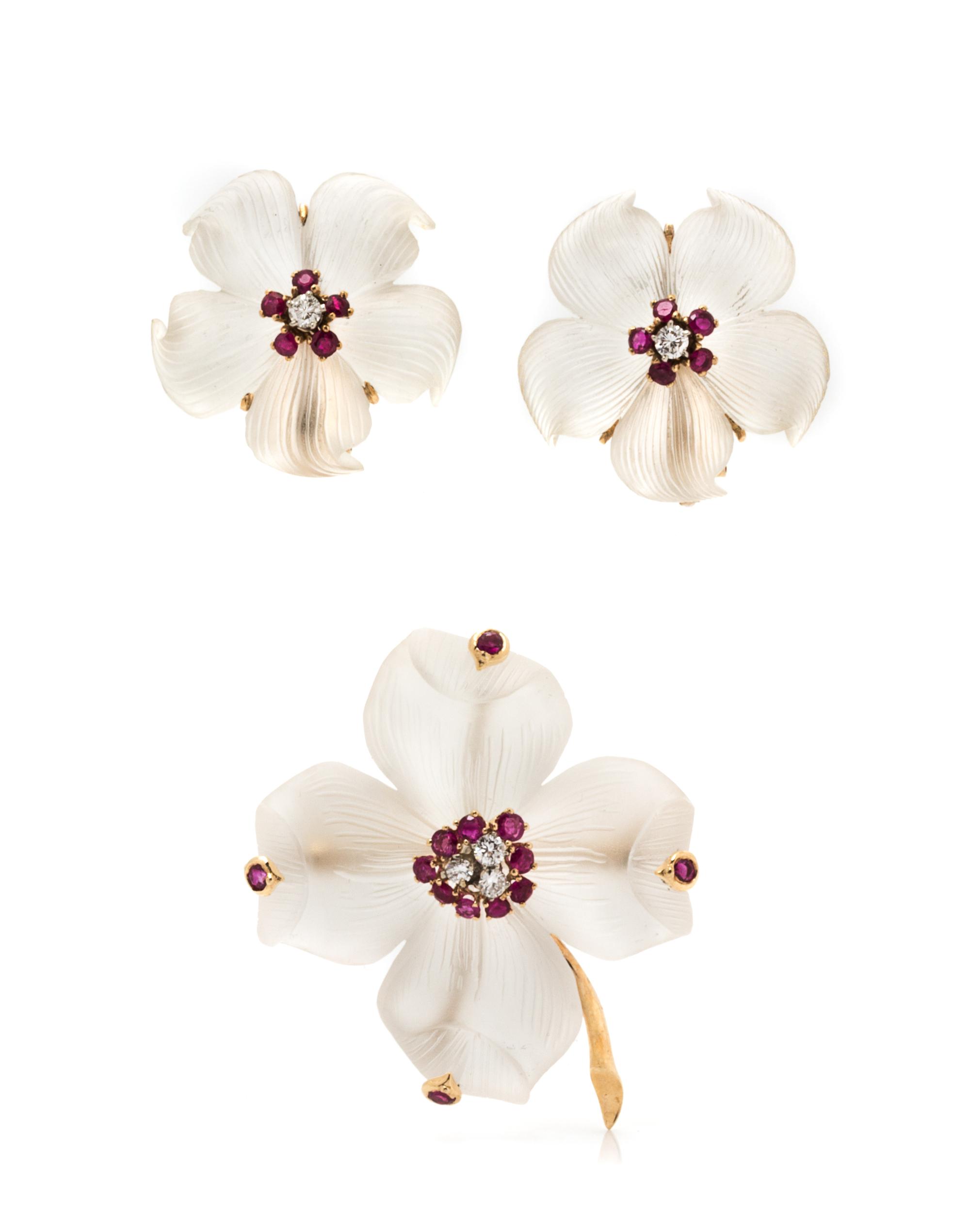 A Yellow Gold, Rock Crystal, Ruby and Diamond Floral Demi Parure, 17.30 dwts.
