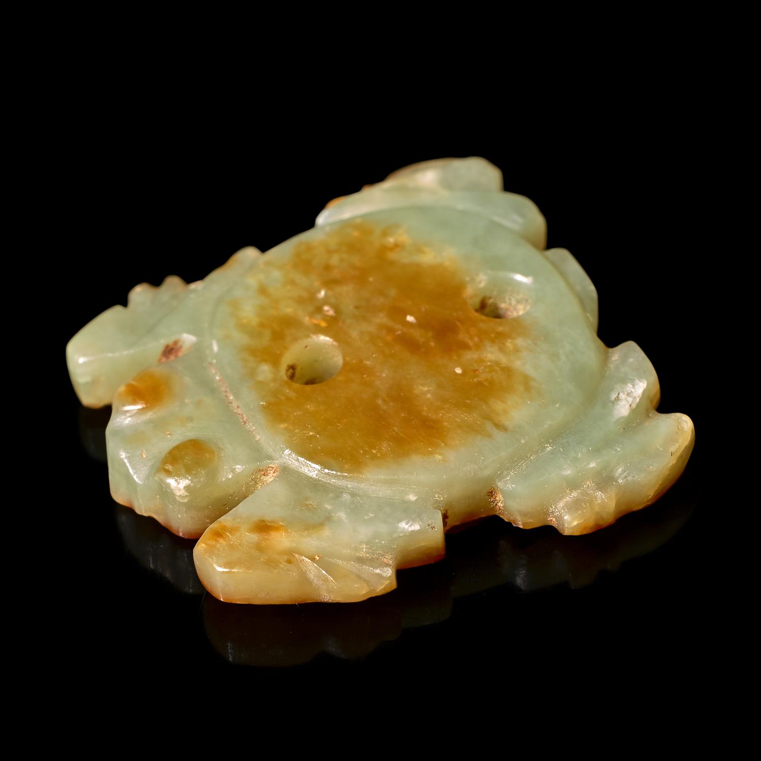 A Small Chinese Hongshan Style Celadon and Russet Jade Turtle Amulet 紅山風格 青玉龜