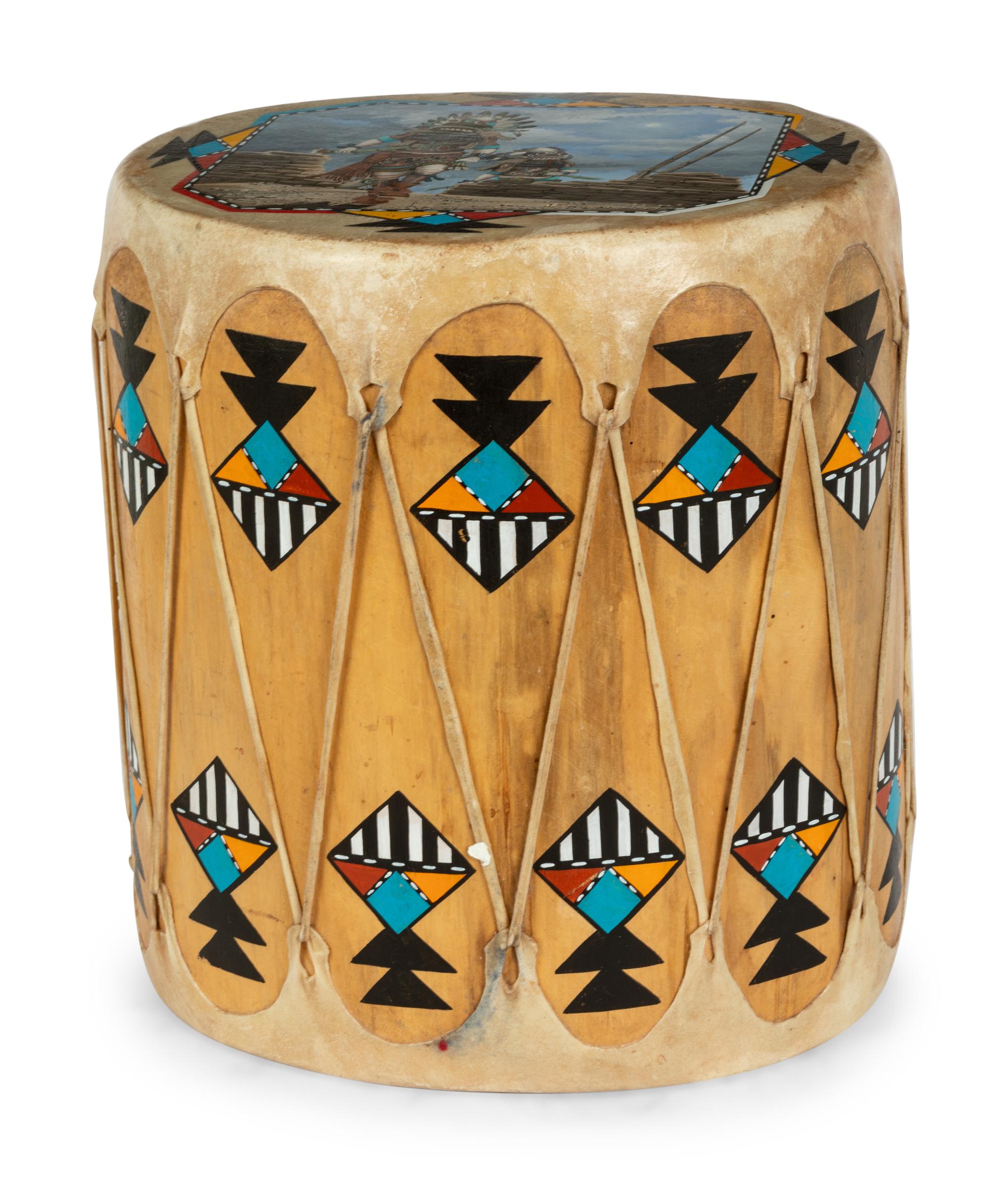 Painted Wood Drum, Crow Mother and Whipper Katsinas
