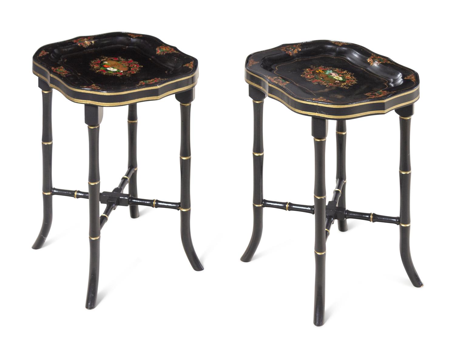 A Pair of English Tôle Trays on Later Stands