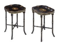 A Pair of English Tôle Trays on Later Stands