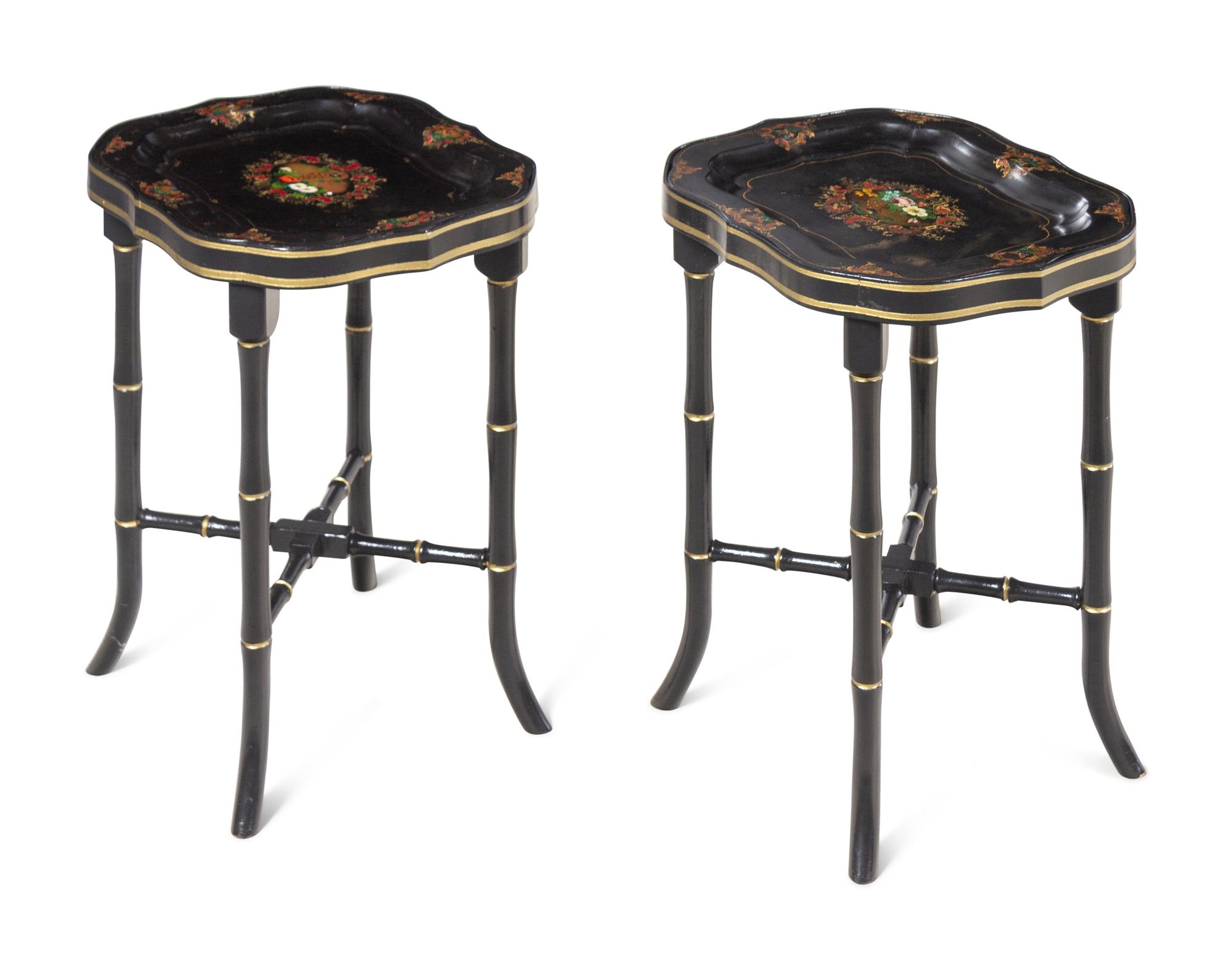 A Pair of English Tôle Trays on Later Stands