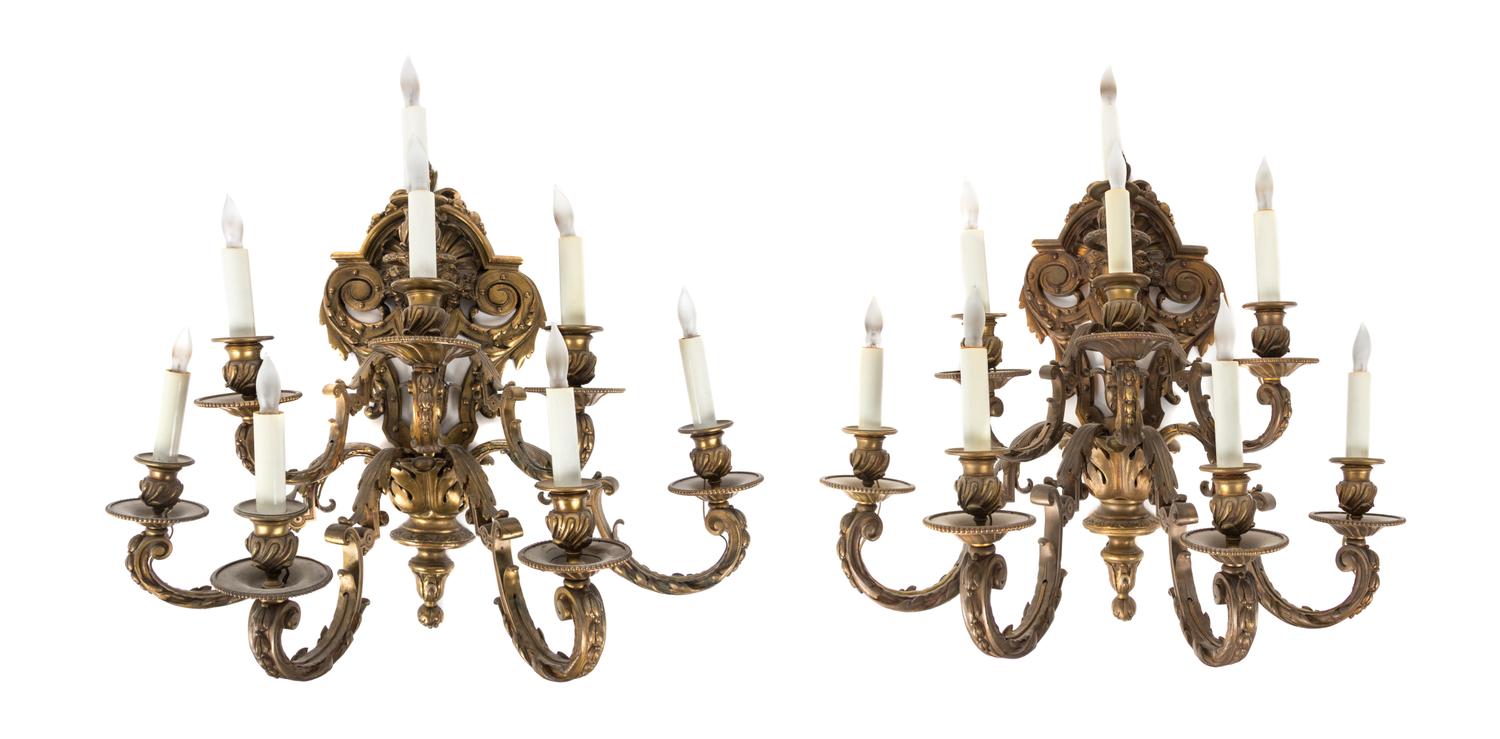 A Pair of Neoclassical Gilt Bronze Eight-Light Sconces