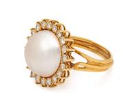 A Yellow Gold, Cultured Mabe Pearl and Diamond Ring,