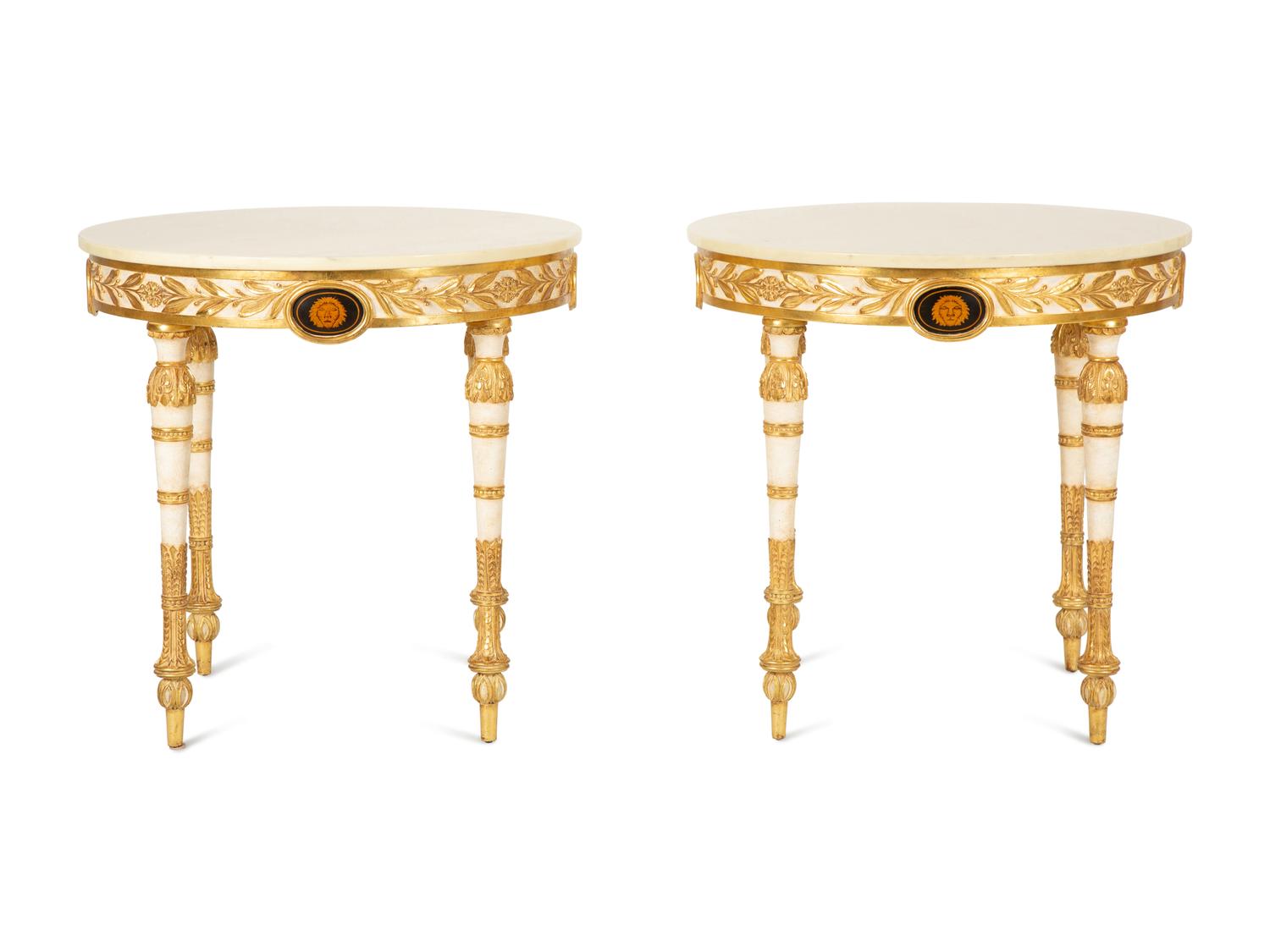 A Pair of Neoclassical Style White and Parcel Gilt Marble Top Tables