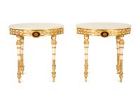 A Pair of Neoclassical Style White and Parcel Gilt Marble Top Tables