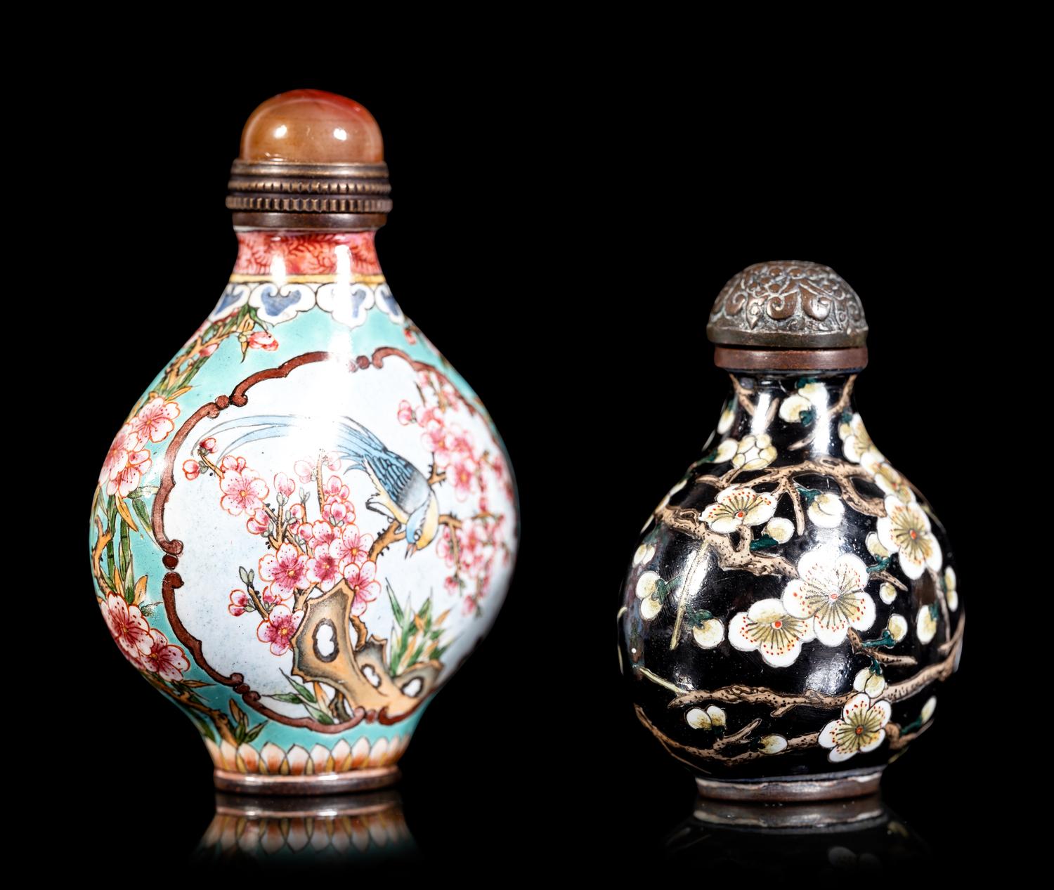 Two Enamel on Copper 'Prunus' Snuff Bottles