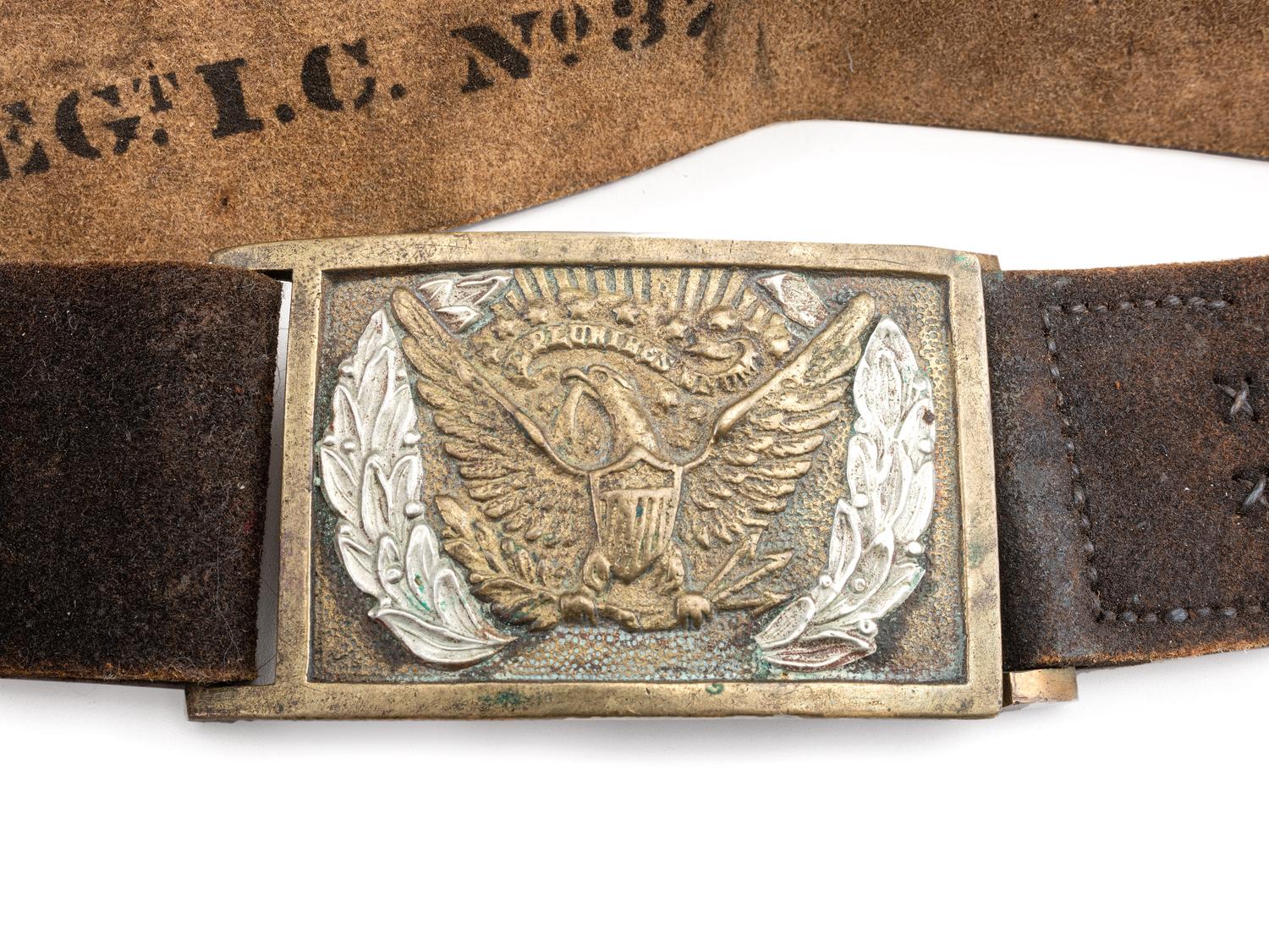 [CIVIL WAR]. Non-commissioned officer's belt equipped with a Model 1851 enlisted sword belt plate and cap pouch, identified to Company G, 17th Regiment, Invalid Corps.