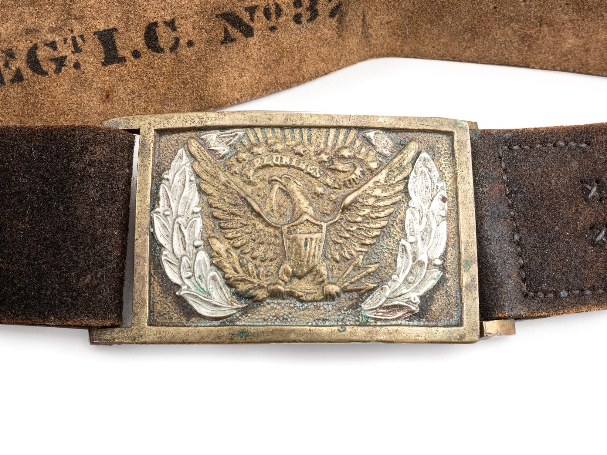 [CIVIL WAR]. Non-commissioned officer's belt equipped with a Model 1851 enlisted sword belt plate and cap pouch, identified to Company G, 17th Regiment, Invalid Corps.