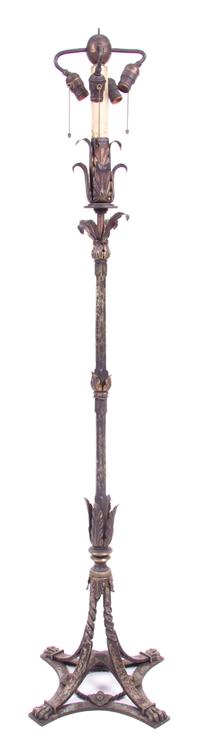 A Wrought Iron and Tole Floor Lamp Height overall 68 1/2 inches. — FIRST HALF 20TH CENTURY