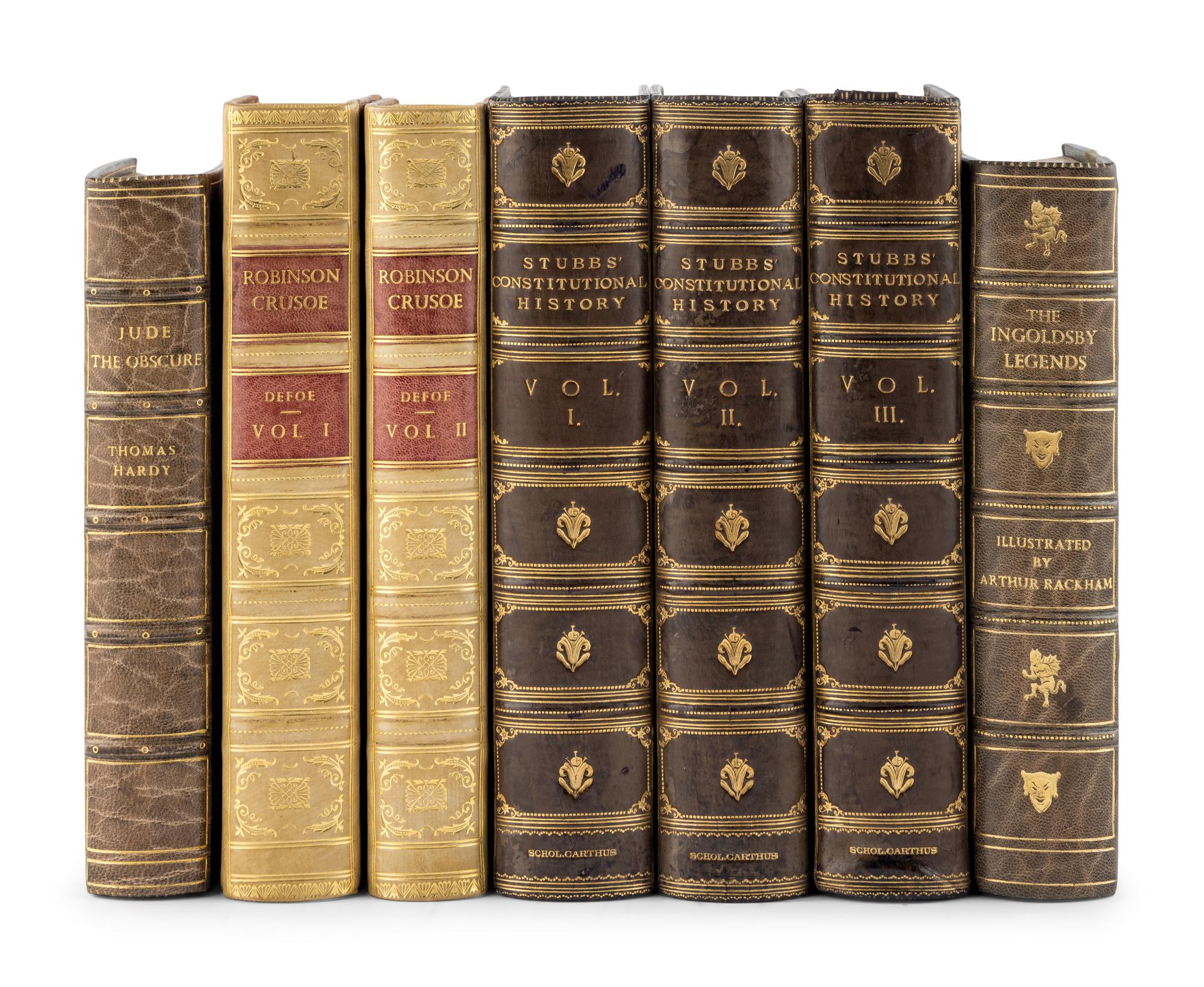 [BINDINGS] -- [HISTORY & LITERATURE]. A group of 7 works, most in full or half leather bindings, including works related to history and literature, comprising: