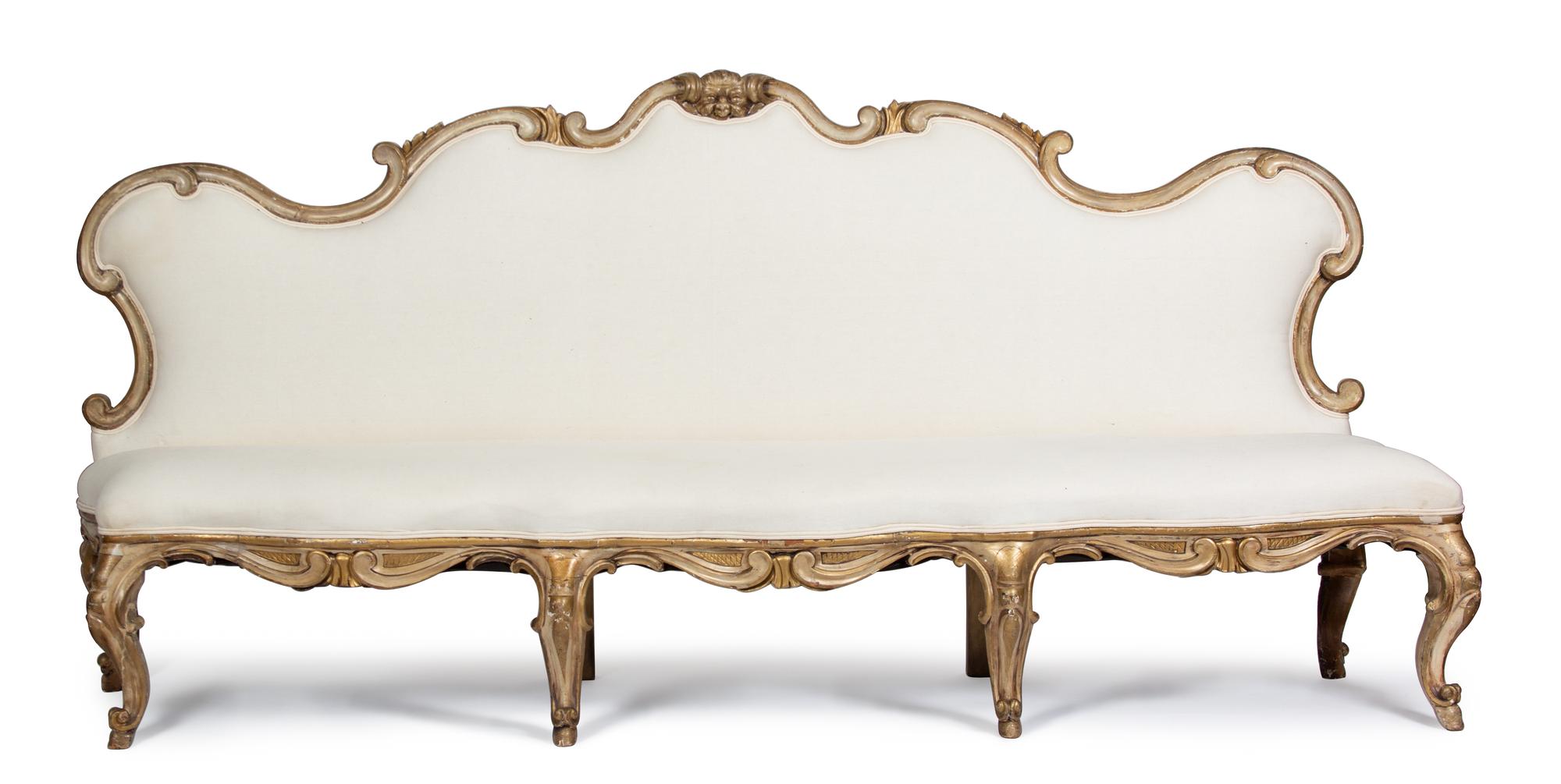 A Venetian Style Carved Giltwood Banquette Height 46 x width 100 x depth 24 1/2 inches. — 19TH CENTURY