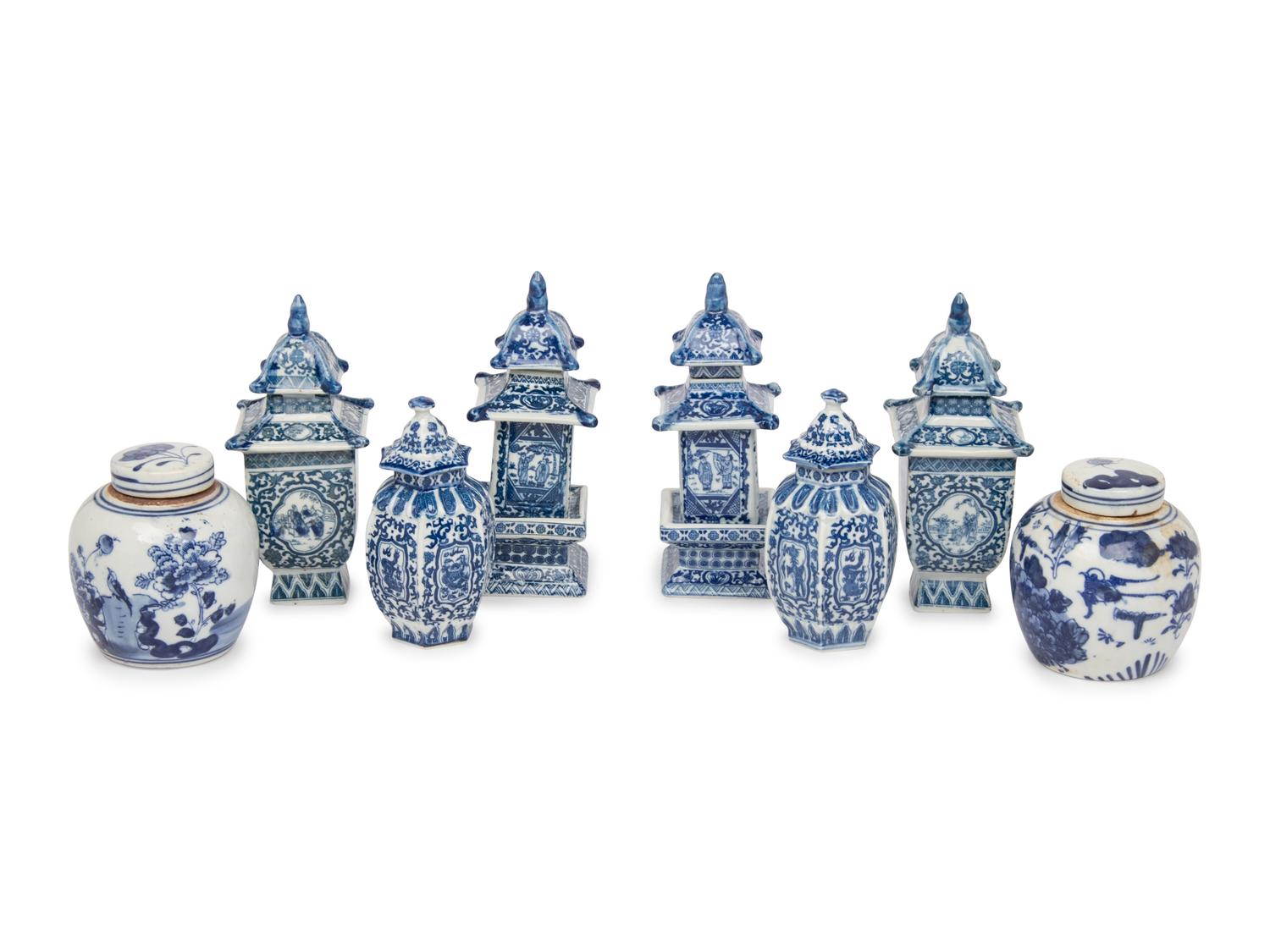 A Collection of Eight Blue and White Vessels