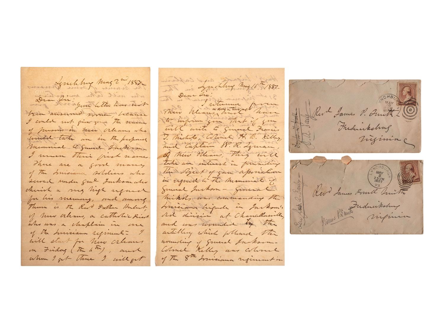 [CIVIL WAR]. EARLY, Jubal A. (1816-1894). Two post-war autographed letters signed ("JA Early") to Reverend James Powell Smith. Lynchburg, VA, 2 and 16 May 1887.