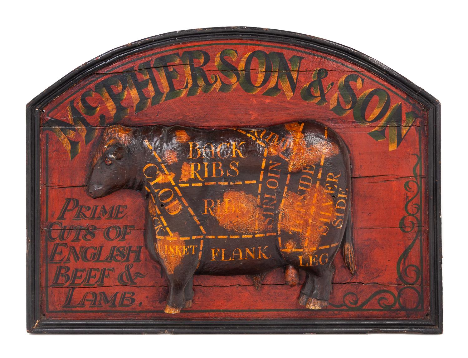 An English Polychromed Butcher's Sign Height 27 1/2 x width 36 inches. — 19TH CENTURY