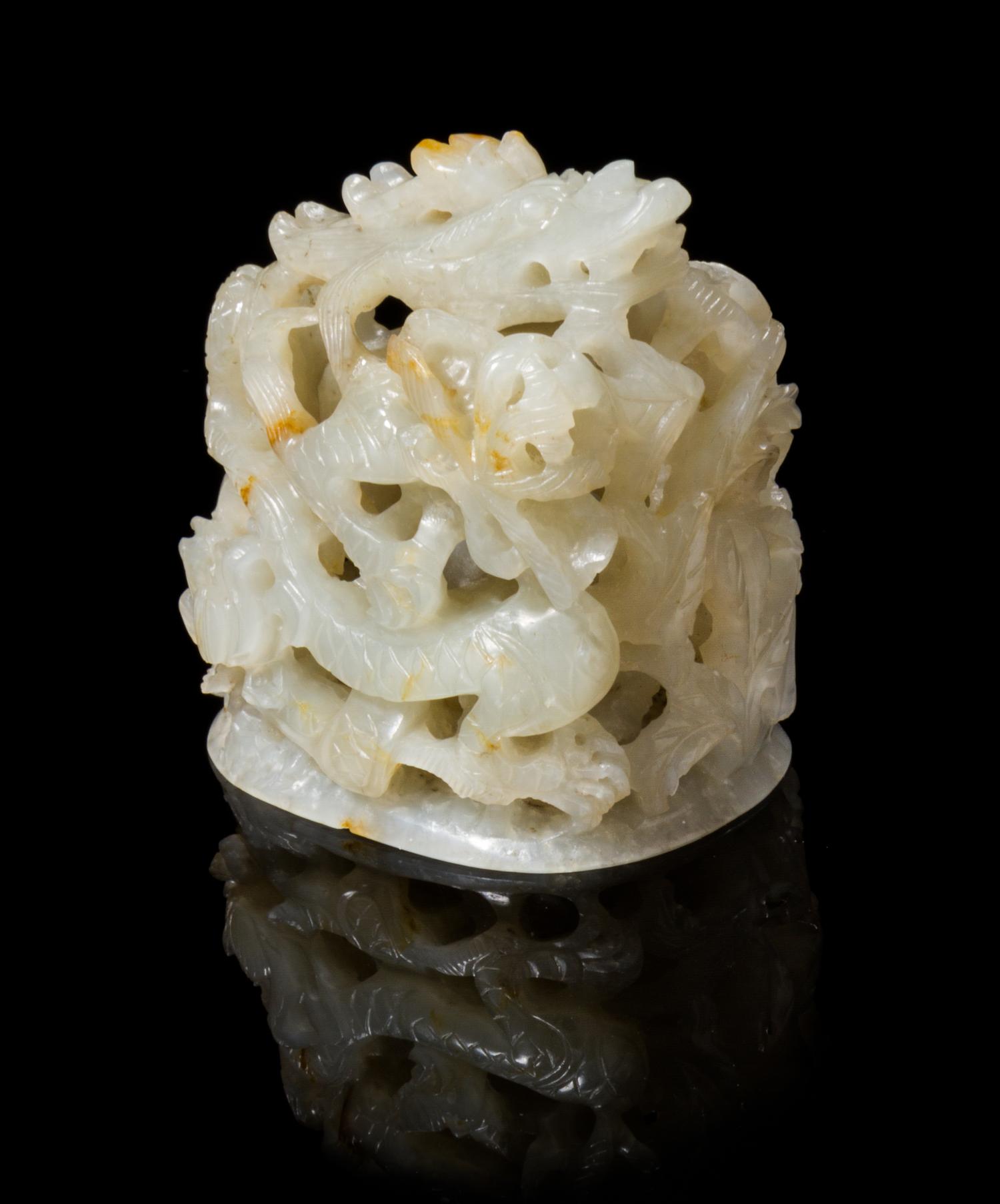 A Chinese Pale Celadon Dragon Jade Hat Finial YUAN/MING DYNASTY Height of jade 2 1/8 inches. — YUAN/MING DYNASTY
