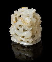 A Chinese Pale Celadon Dragon Jade Hat Finial YUAN/MING DYNASTY Height of jade 2 1/8 inches. — YUAN/MING DYNASTY