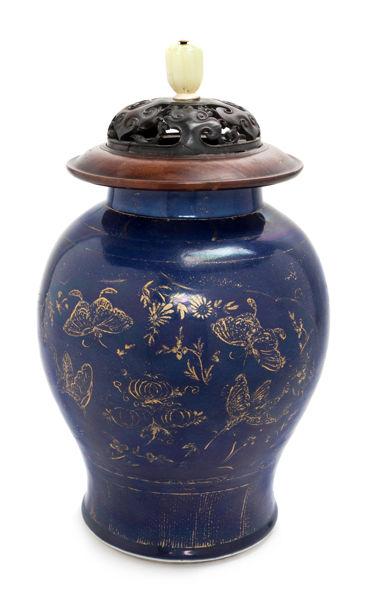 A Gilt Decorated Blue Glazed Porcelain Covered Jar Height 17 inches. — 19TH CENTURY