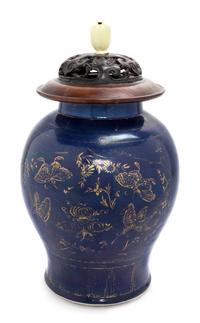 A Gilt Decorated Blue Glazed Porcelain Covered Jar Height 17 inches. — 19TH CENTURY