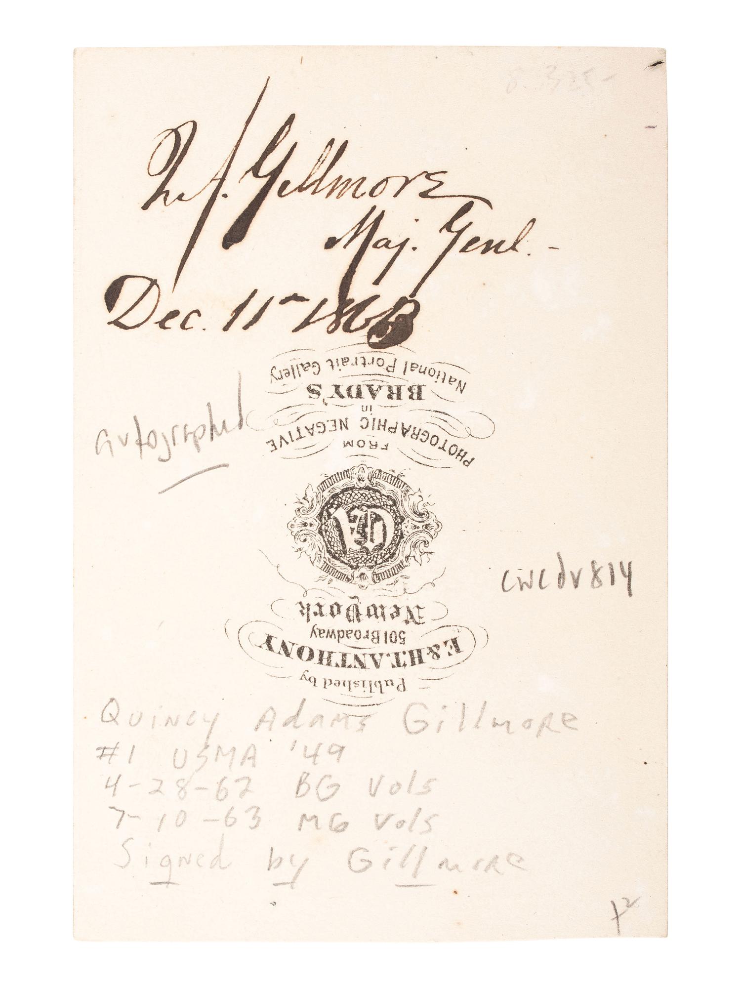 [CIVIL WAR]. BRADY, Mathew, photographer. Signed CDV of Major General Quincy Adams Gillmore. New York: E. & H.T. Anthony, 11 December 1863.