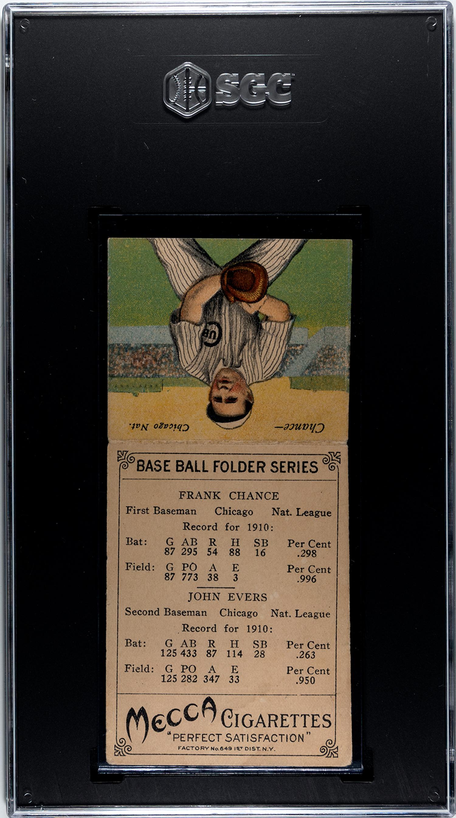 A 1911 Mecca Cigarettes T201 John Evers / Frank Chance Double Folder Baseball Card (SGC 4 VG/EX)