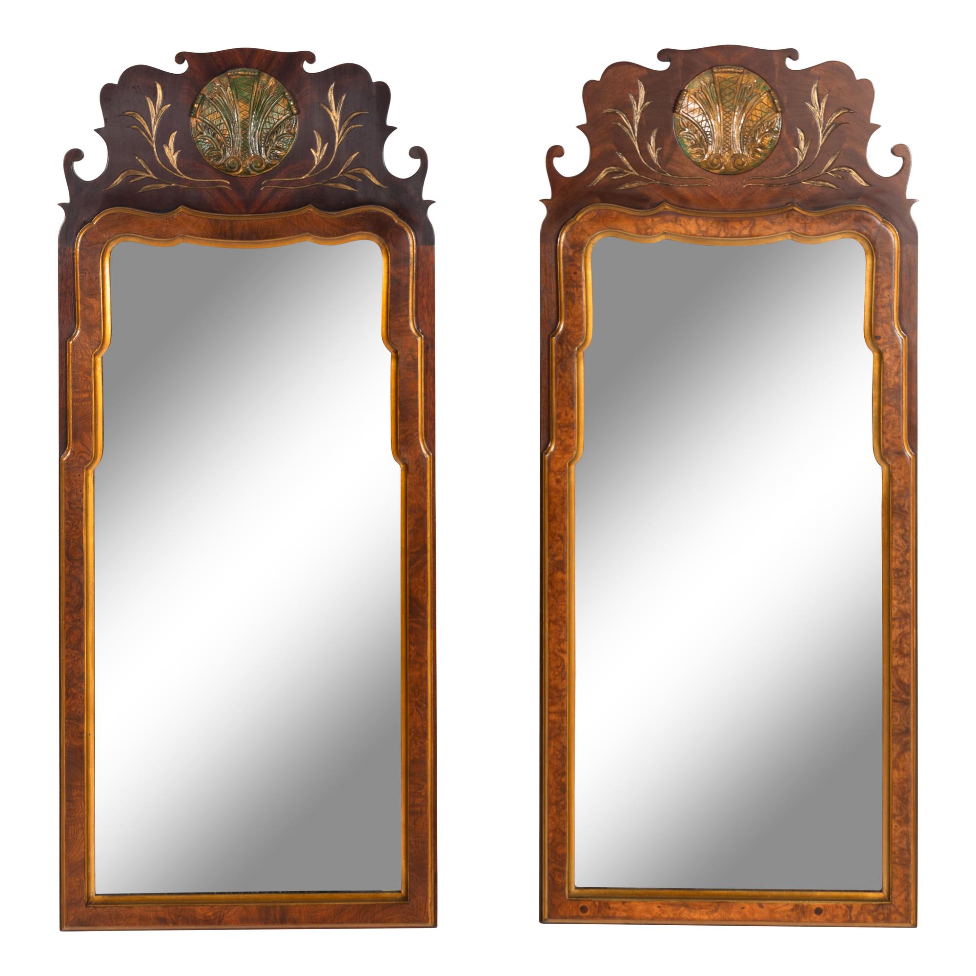A Pair of Queen Anne Style Walnut and Parcel Gilt Mirrors