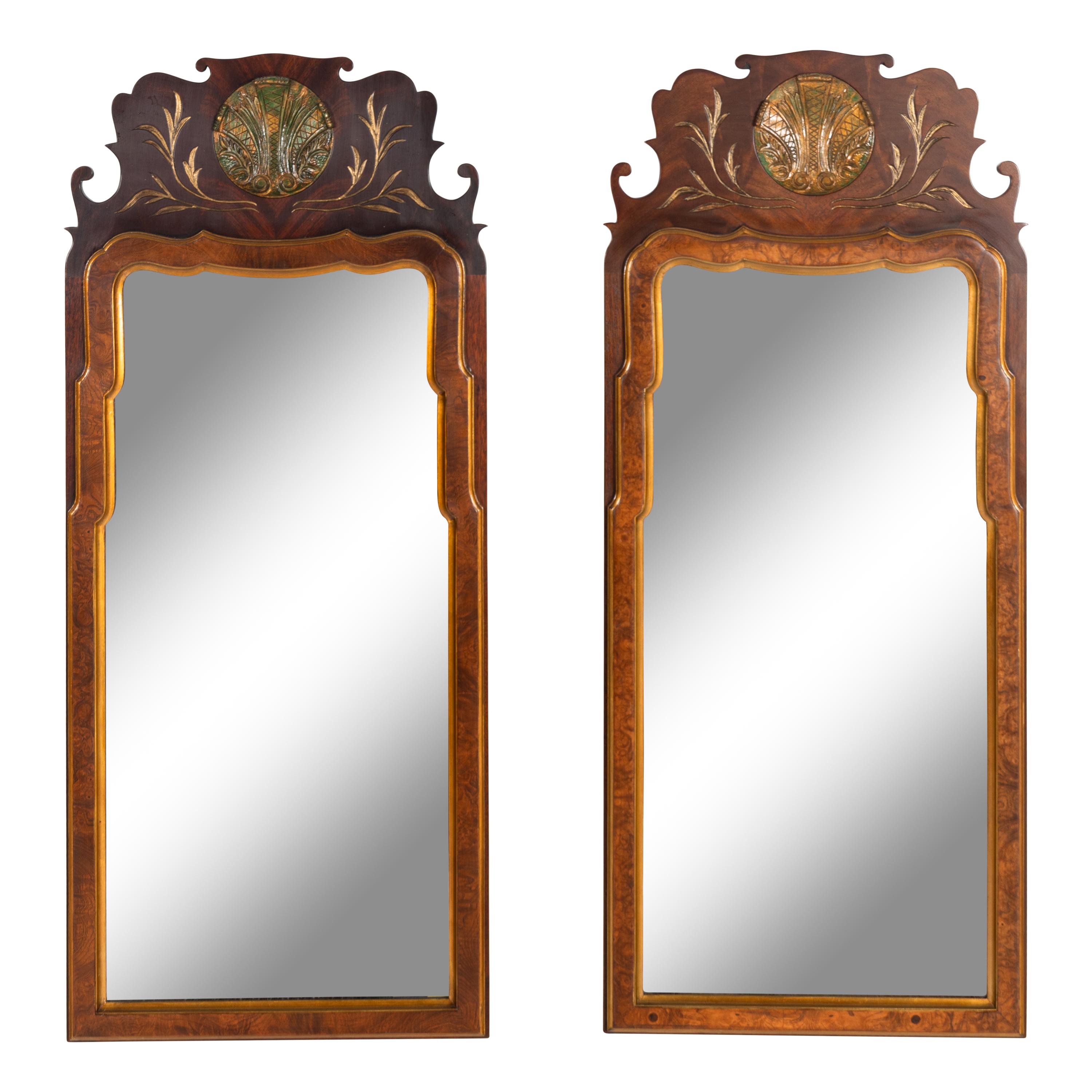 A Pair of Queen Anne Style Walnut and Parcel Gilt Mirrors