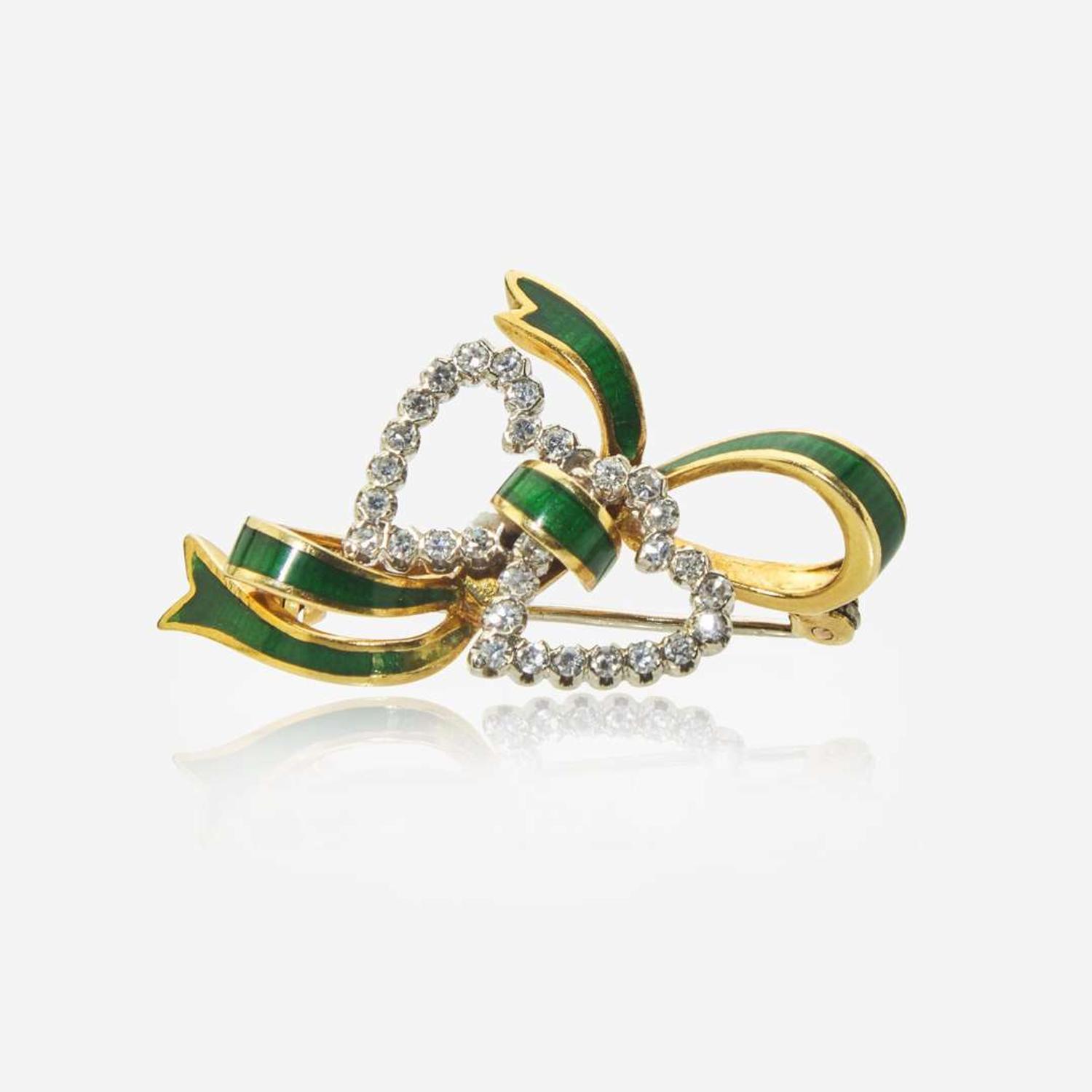 A Diamond and Enamel Bow Pin and Pearl and Diamond Earring Jackets