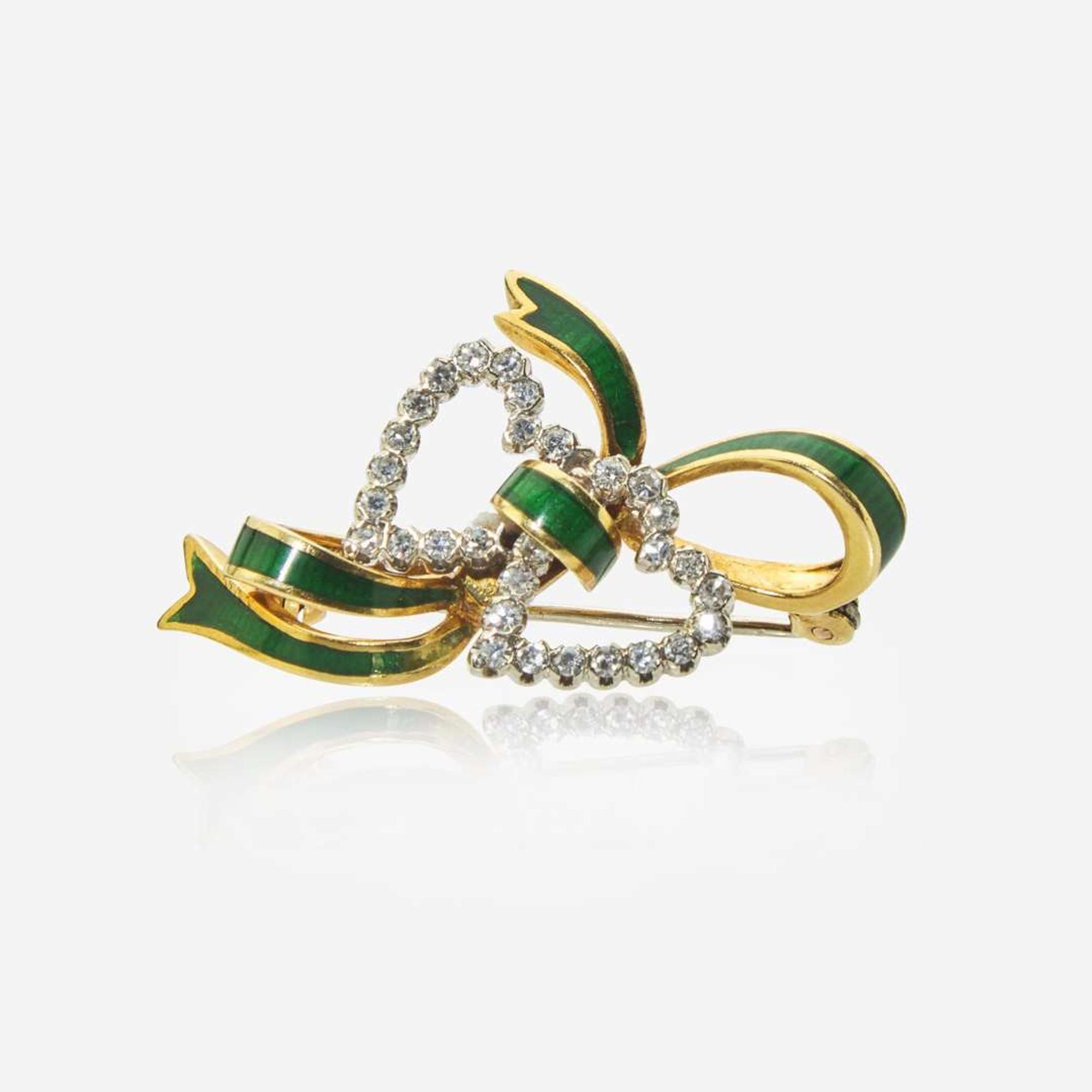 A Diamond and Enamel Bow Pin and Pearl and Diamond Earring Jackets