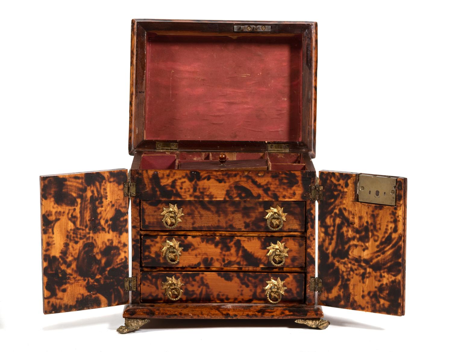A Continental Brass-Mounted Faux Burlwood Jewelry Chest