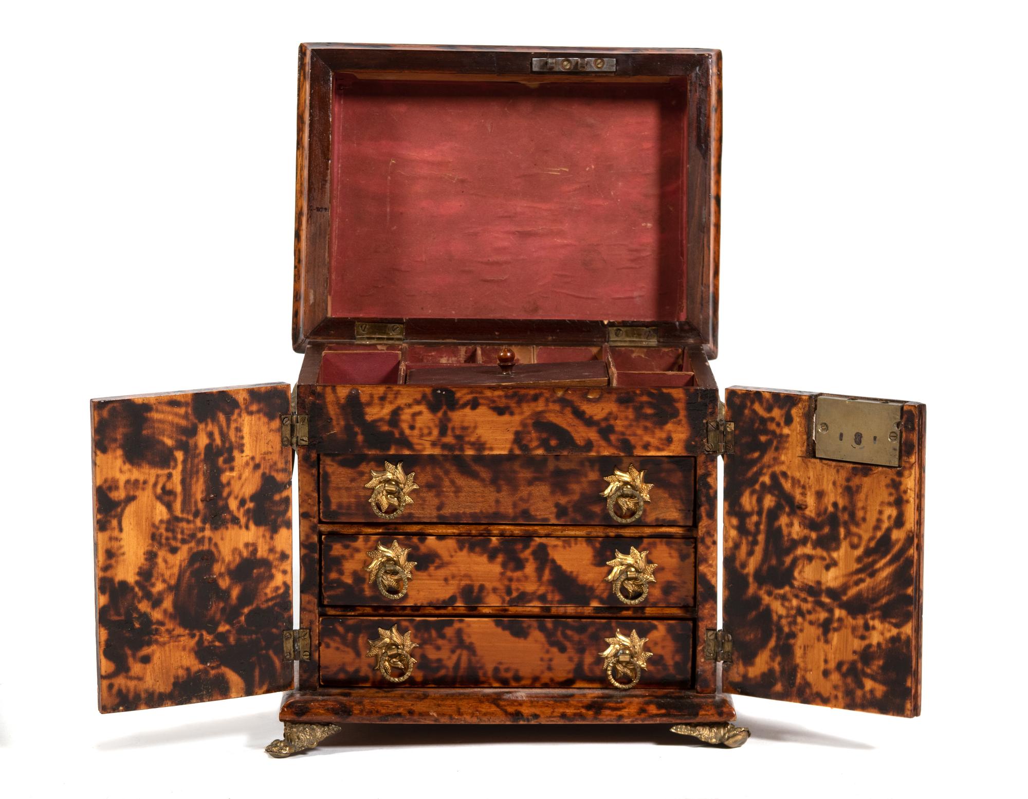 A Continental Brass-Mounted Faux Burlwood Jewelry Chest