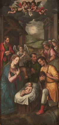 CIRCLE OF JACOB DE BACKER (FLEMISH C.1540-BEFORE 1600) A TRIPTYCHCENTER: THE MADONNA AND CHILD ENTHRONED WITH SAINT CATHERINE, SAINT AGNES, SAINT CECILIA, MARY MAGDALENE AND ANGELS | THE LEFT WING: THE ADORATION OF THE SHEPHERDS | THE RIGHT WING: THE A...