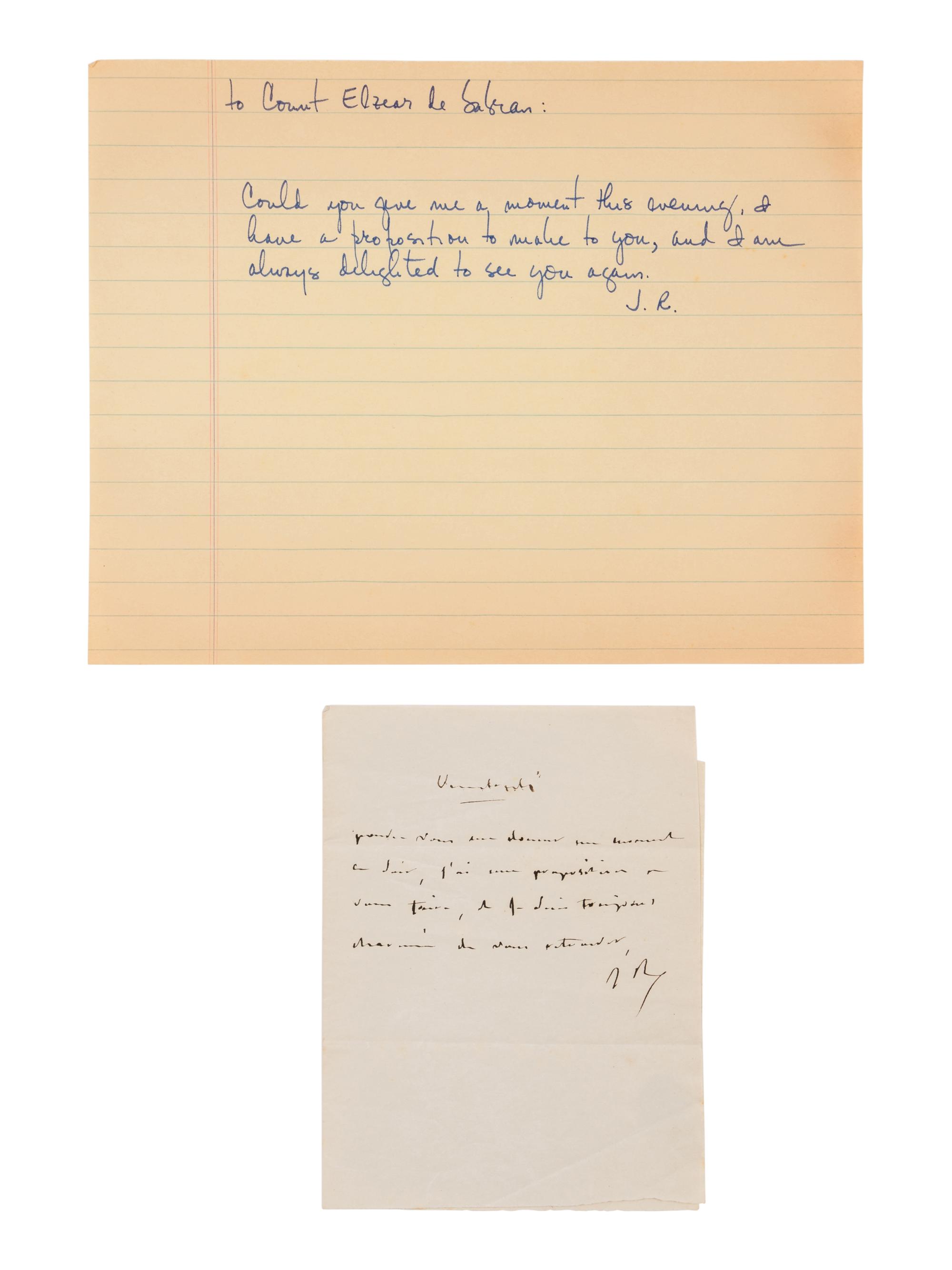 [ENGLISH & CONTINENTAL MANUSCRIPTS]. RECAMIER, Juliette (1777-1849). Autograph letter signed (with initials, "J.R.") to Elzear Louis Zozime, Duke of Sabran, undated.