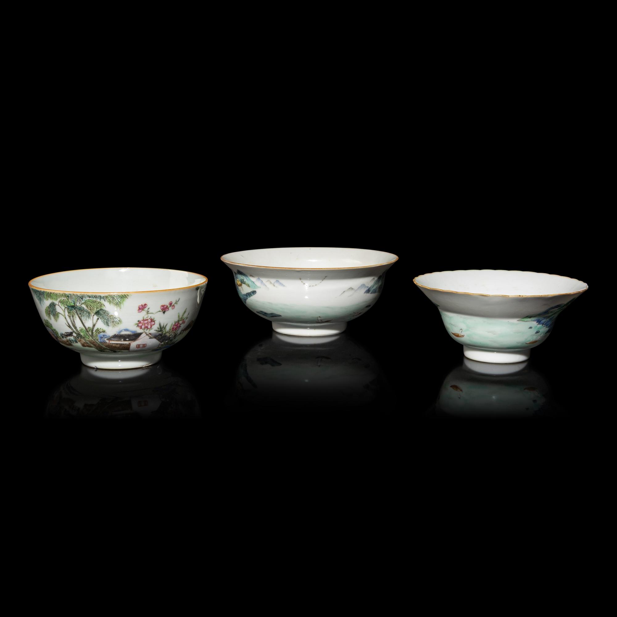 Three Chinese Famille Rose Porcelain 'Landscape' Bowls, Late 19th-Early 20th Century — 晚清-民國 粉彩山水圖碗三件