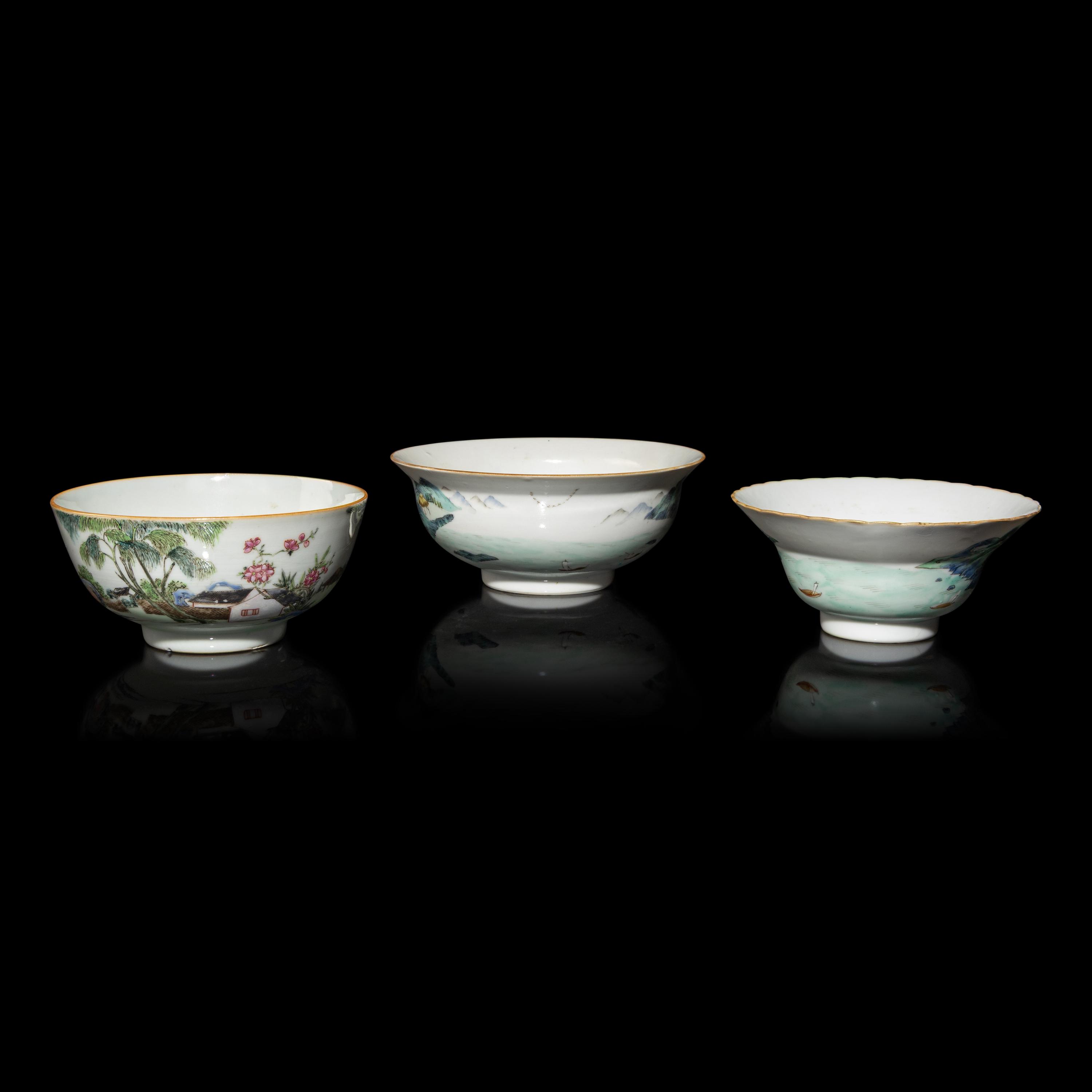 Three Chinese Famille Rose Porcelain 'Landscape' Bowls, Late 19th-Early 20th Century — 晚清-民國 粉彩山水圖碗三件