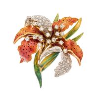 An 18 Karat Bicolor Gold, Diamond and Polychrome Enamel Lily Brooch, Italian, 29.60 dwts.