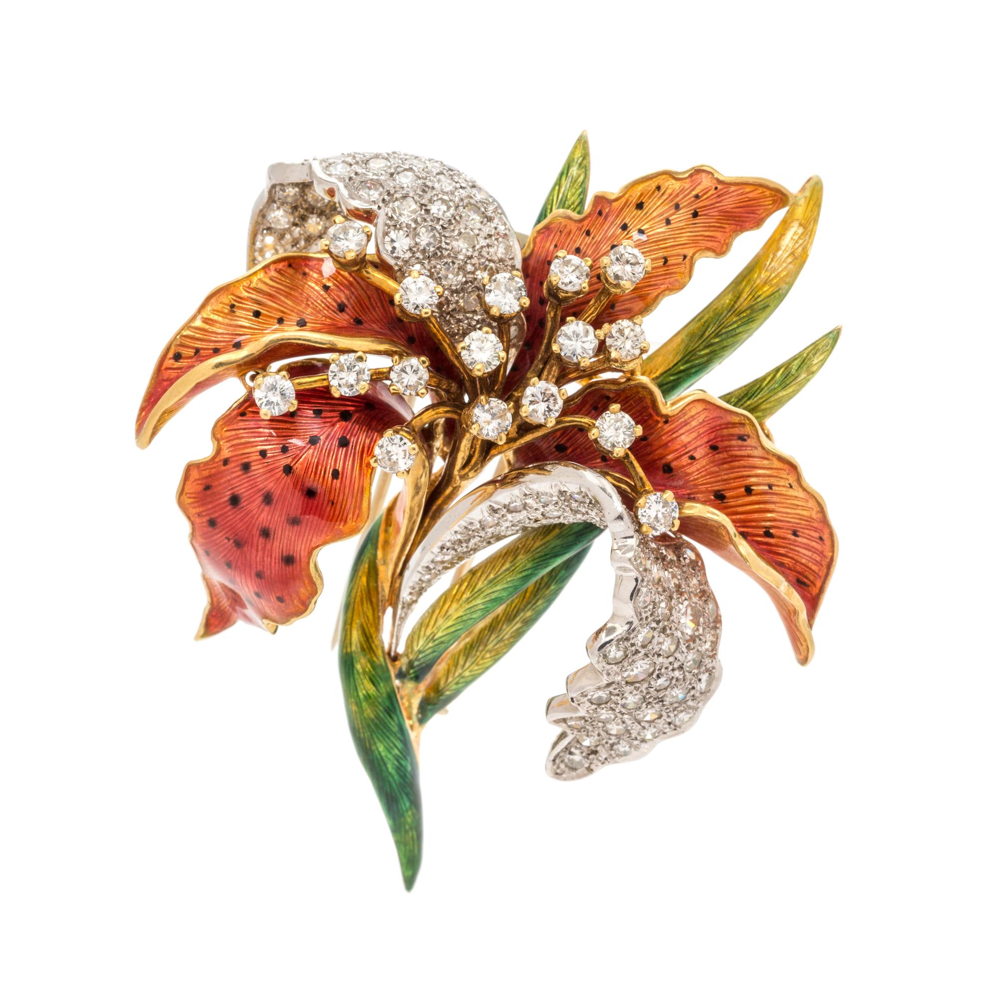 An 18 Karat Bicolor Gold, Diamond and Polychrome Enamel Lily Brooch, Italian, 29.60 dwts.