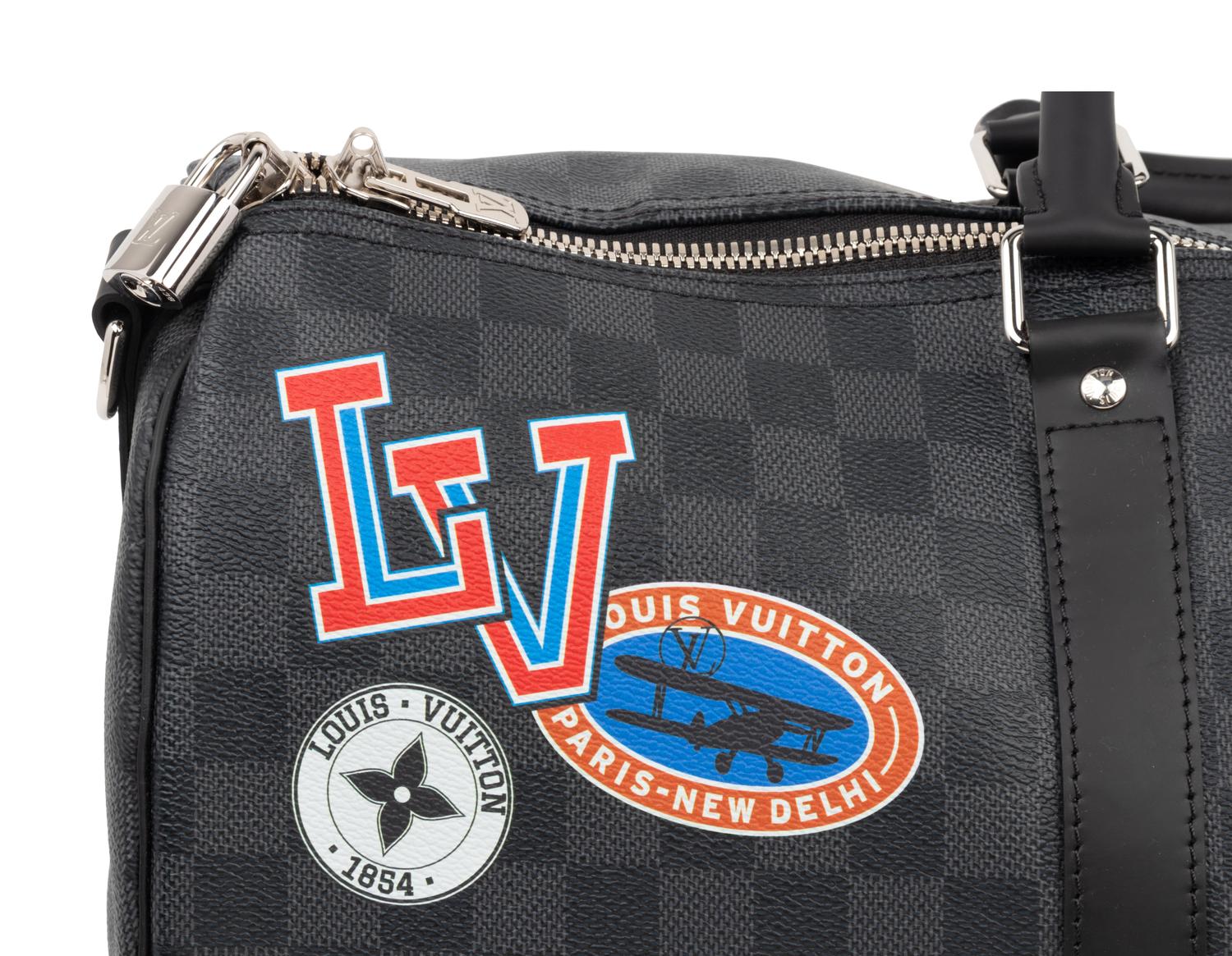 Louis Vuitton Limited Edition Keepall Bandoulière 45 in Damier Graphite Coated Canvas with Printed Travel "Stickers", LV League, Fall Winter 2017