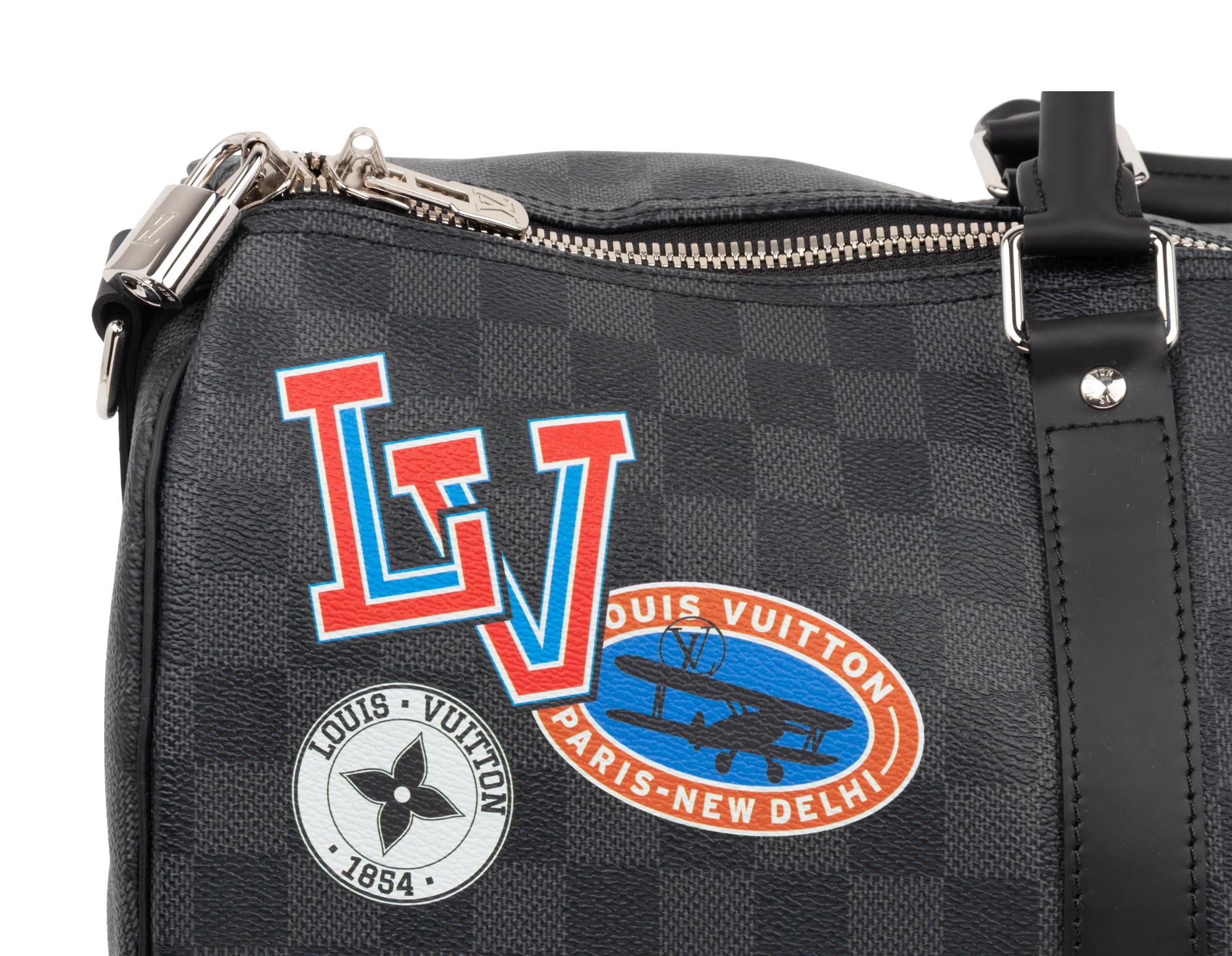Louis Vuitton Limited Edition Keepall Bandoulière 45 in Damier Graphite Coated Canvas with Printed Travel "Stickers", LV League, Fall Winter 2017