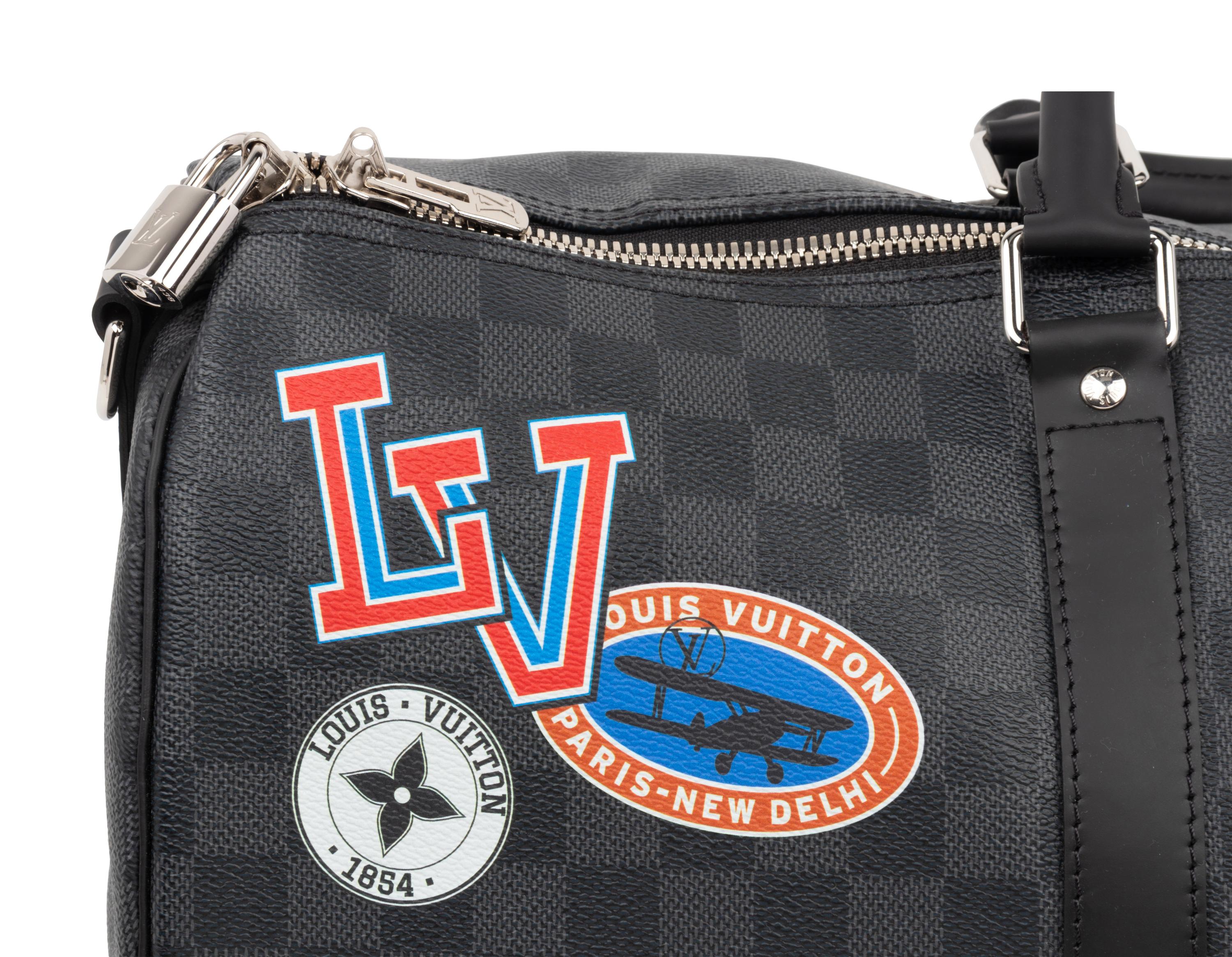 Louis Vuitton Limited Edition Keepall Bandoulière 45 in Damier Graphite Coated Canvas with Printed Travel "Stickers", LV League, Fall Winter 2017